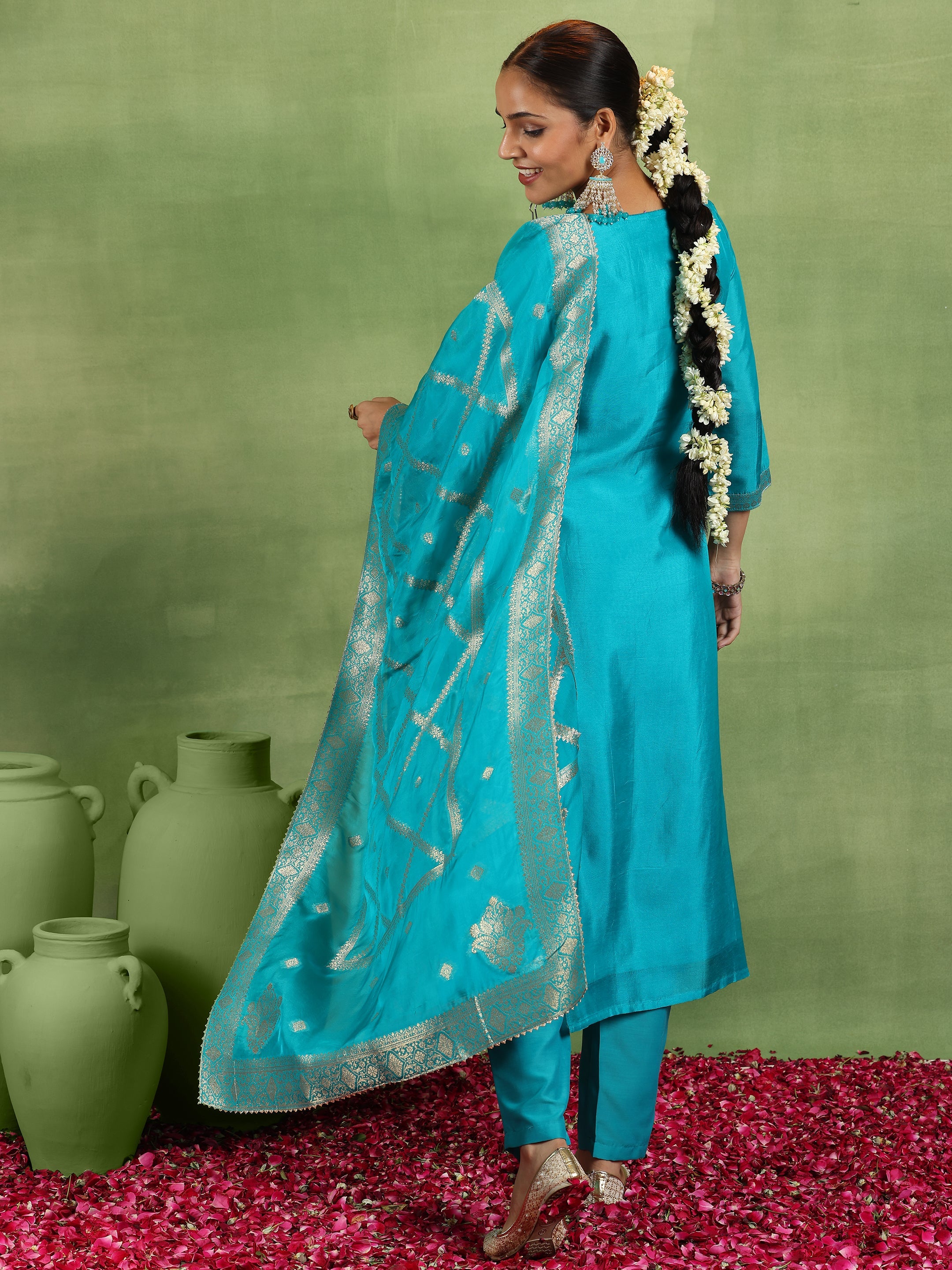 Rama Green Woven Design Silk Blend Straight Suit With Dupatta