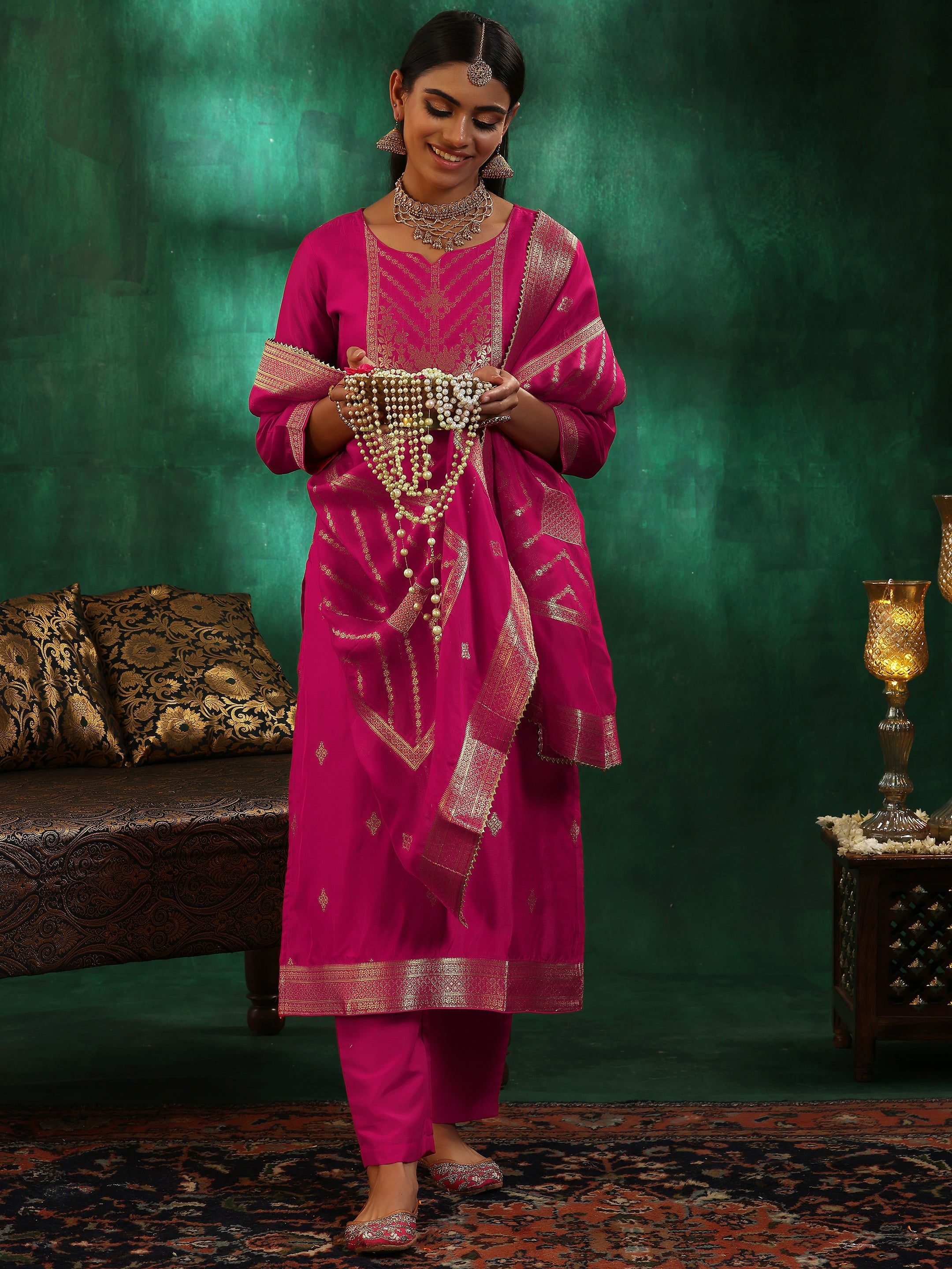 Pink Woven Design Silk Blend Straight Suit With Dupatta