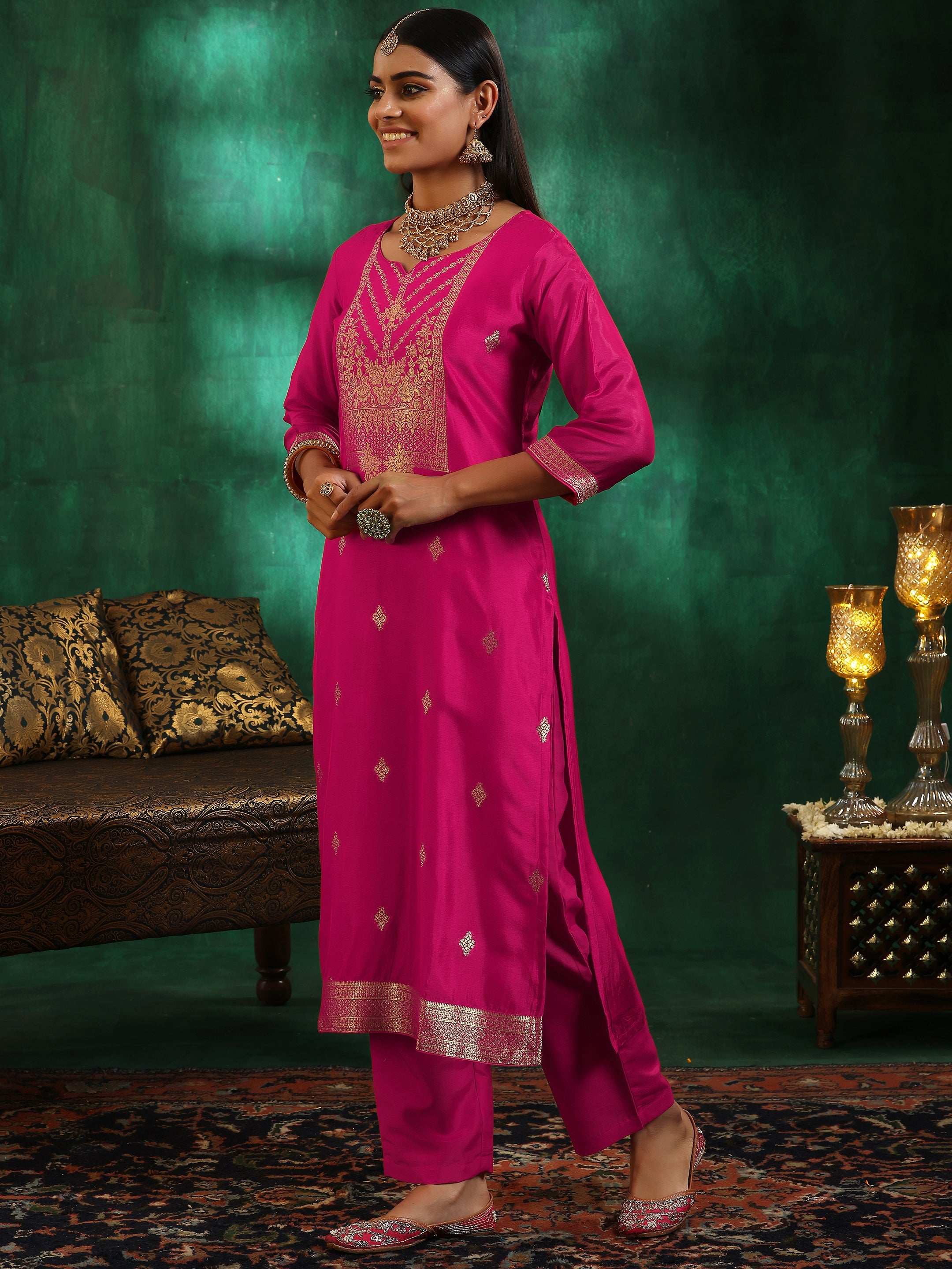 Pink Woven Design Silk Blend Straight Suit With Dupatta