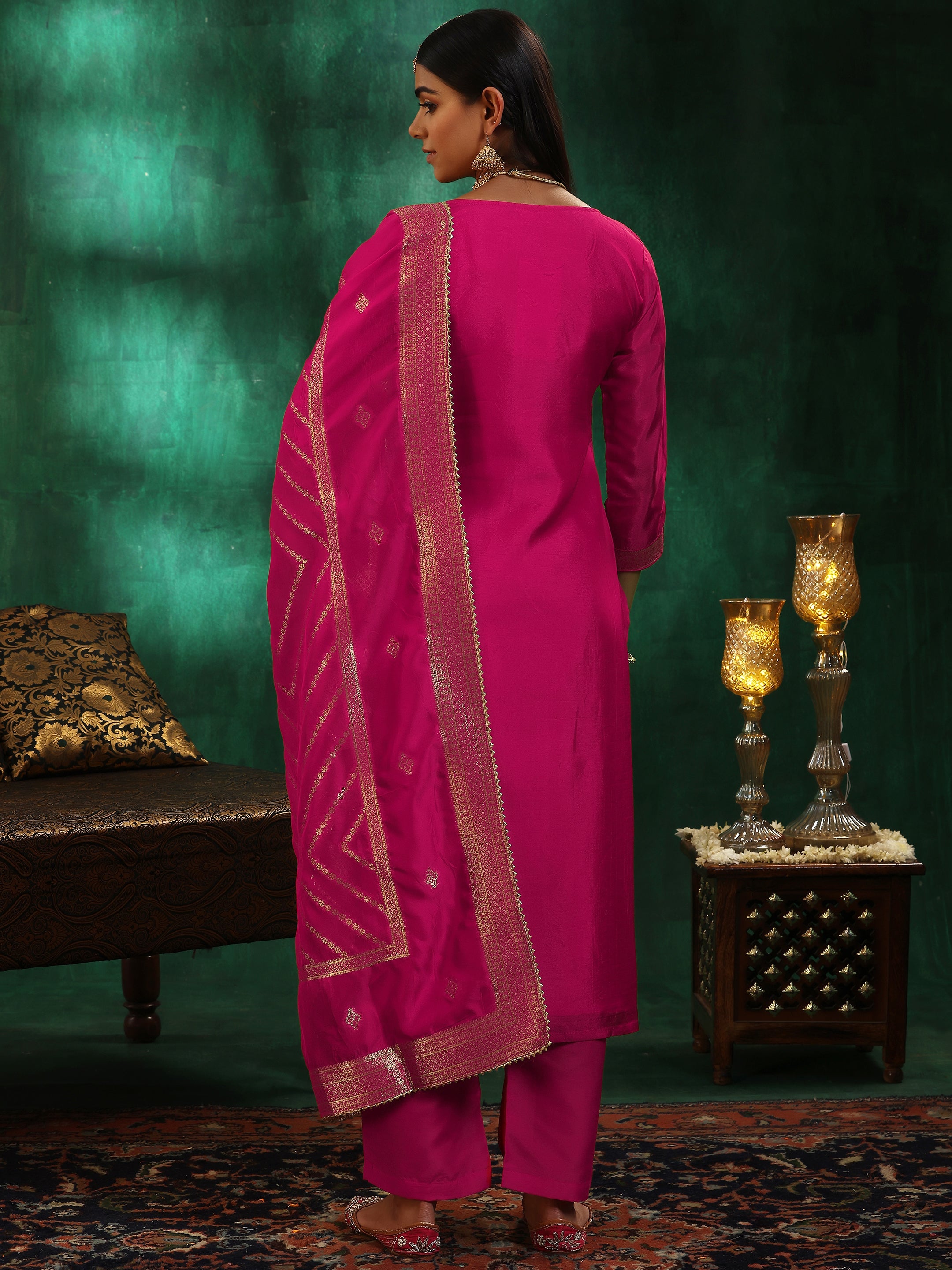 Pink Woven Design Silk Blend Straight Suit With Dupatta