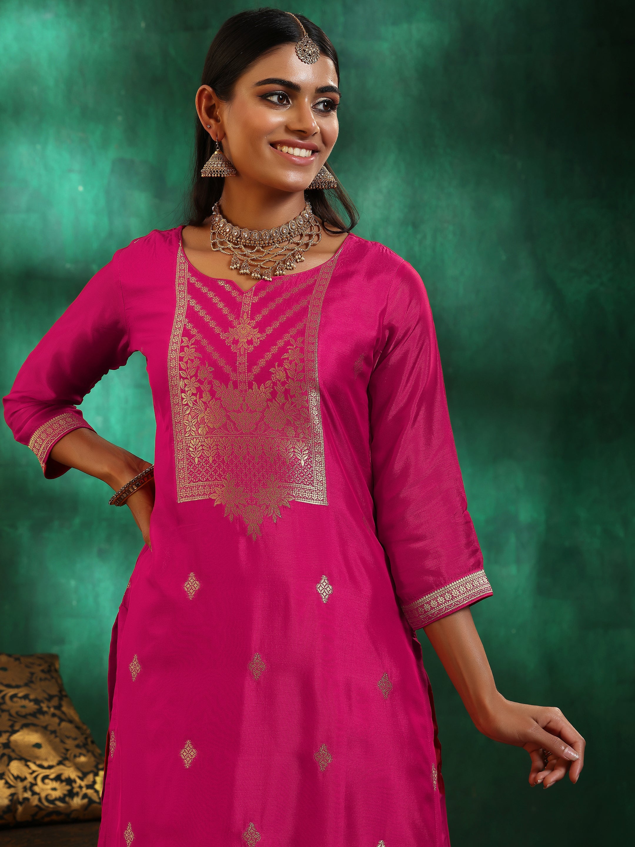 Pink Woven Design Silk Blend Straight Suit With Dupatta