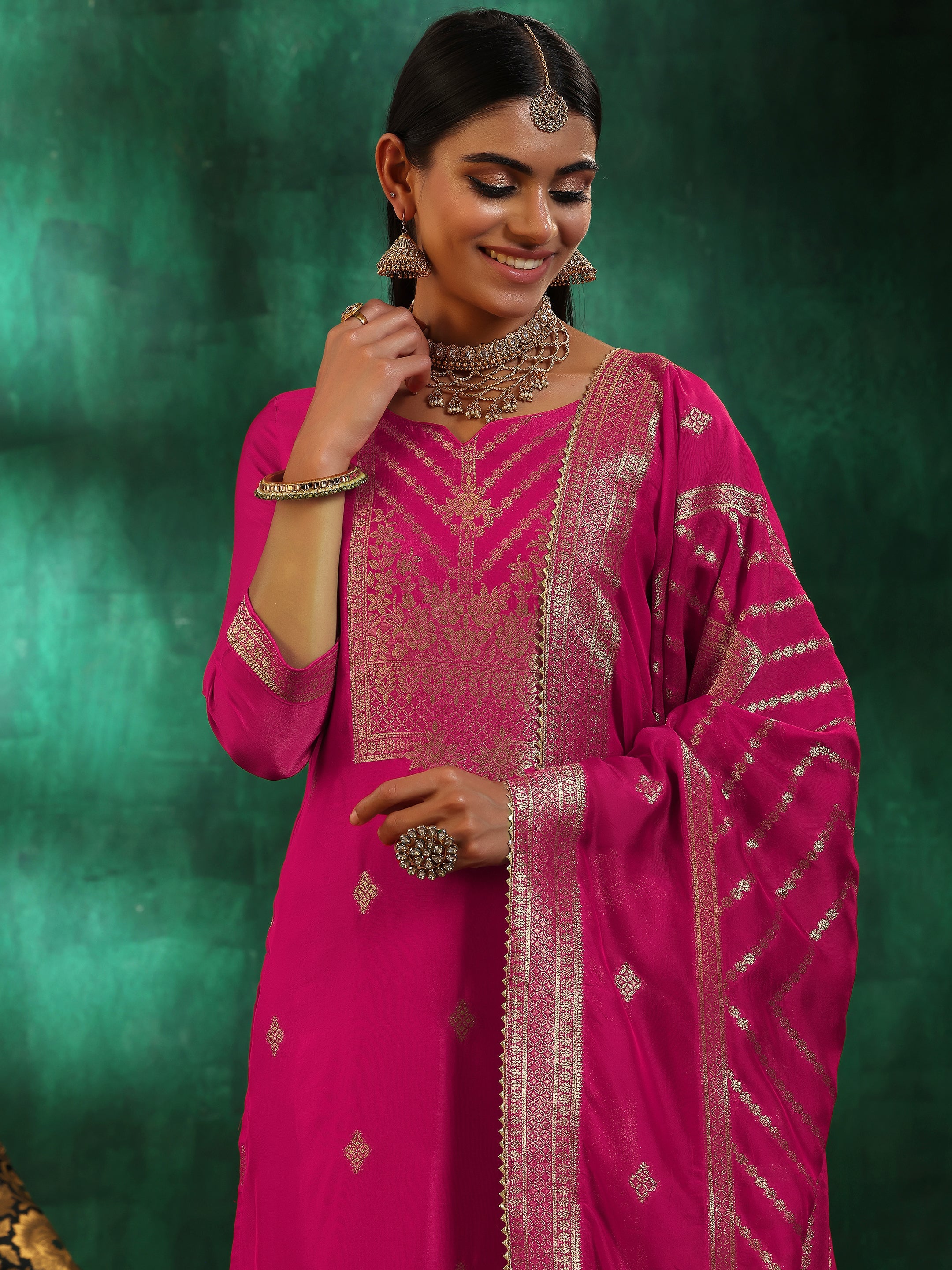 Pink Woven Design Silk Blend Straight Suit With Dupatta