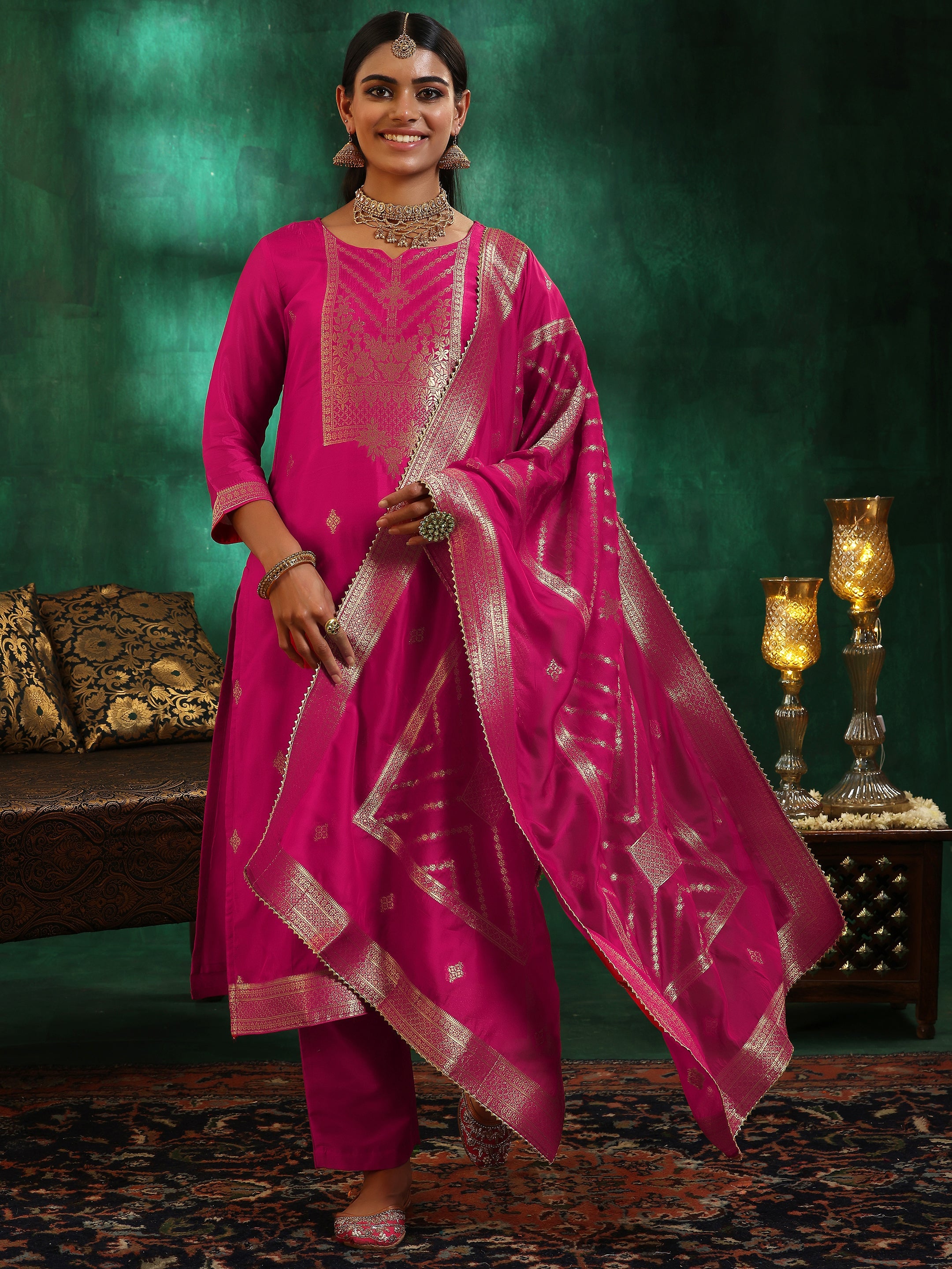 Pink Woven Design Silk Blend Straight Suit With Dupatta