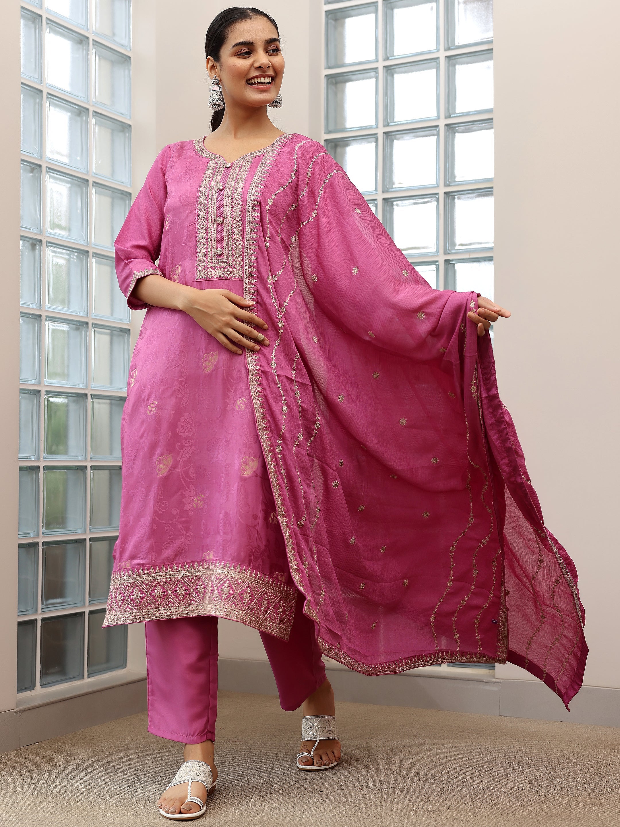 Mauve Woven Design Silk Blend Straight Suit With Dupatta