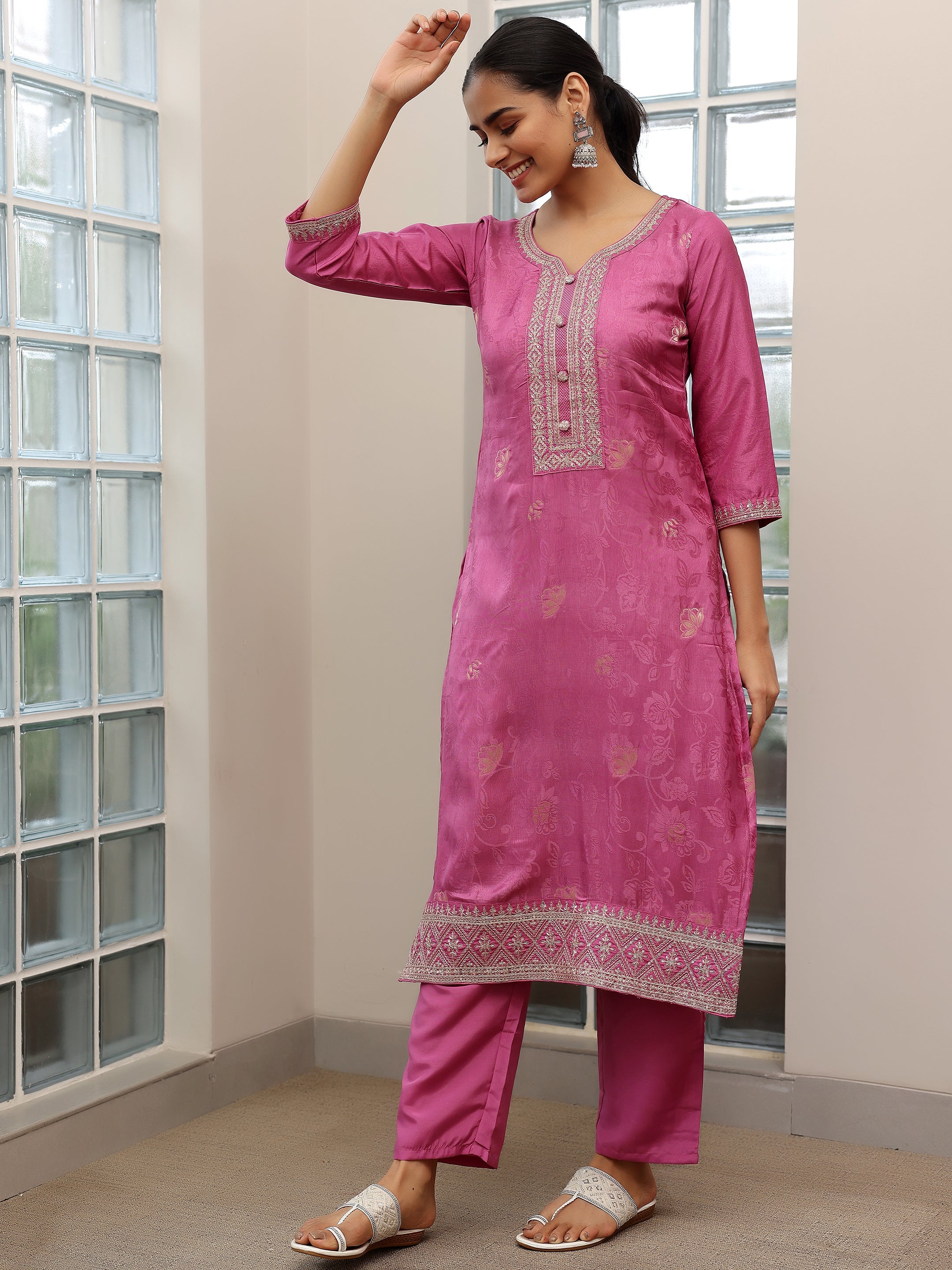 Mauve Woven Design Silk Blend Straight Suit With Dupatta