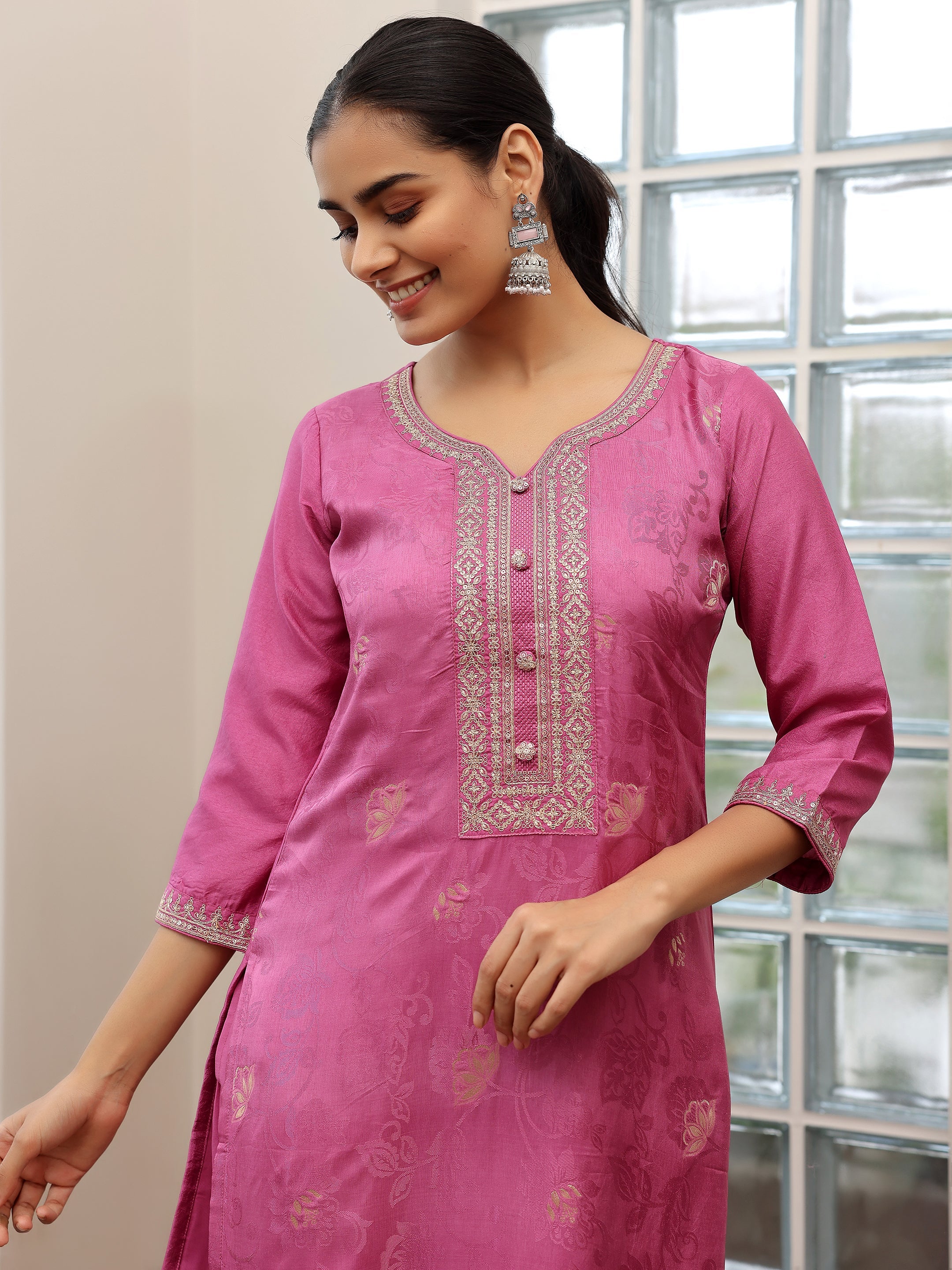 Mauve Woven Design Silk Blend Straight Suit With Dupatta