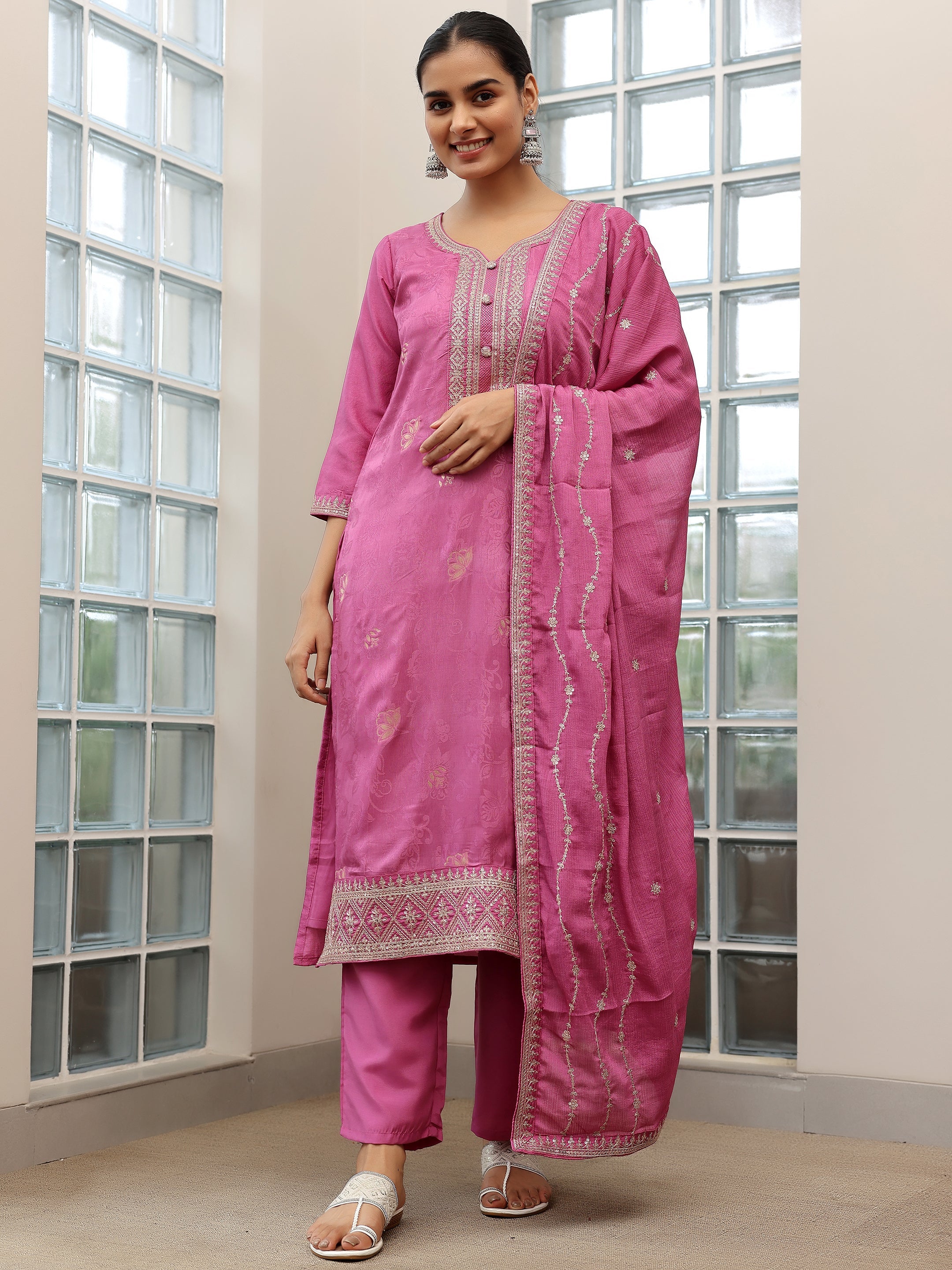 Mauve Woven Design Silk Blend Straight Suit With Dupatta