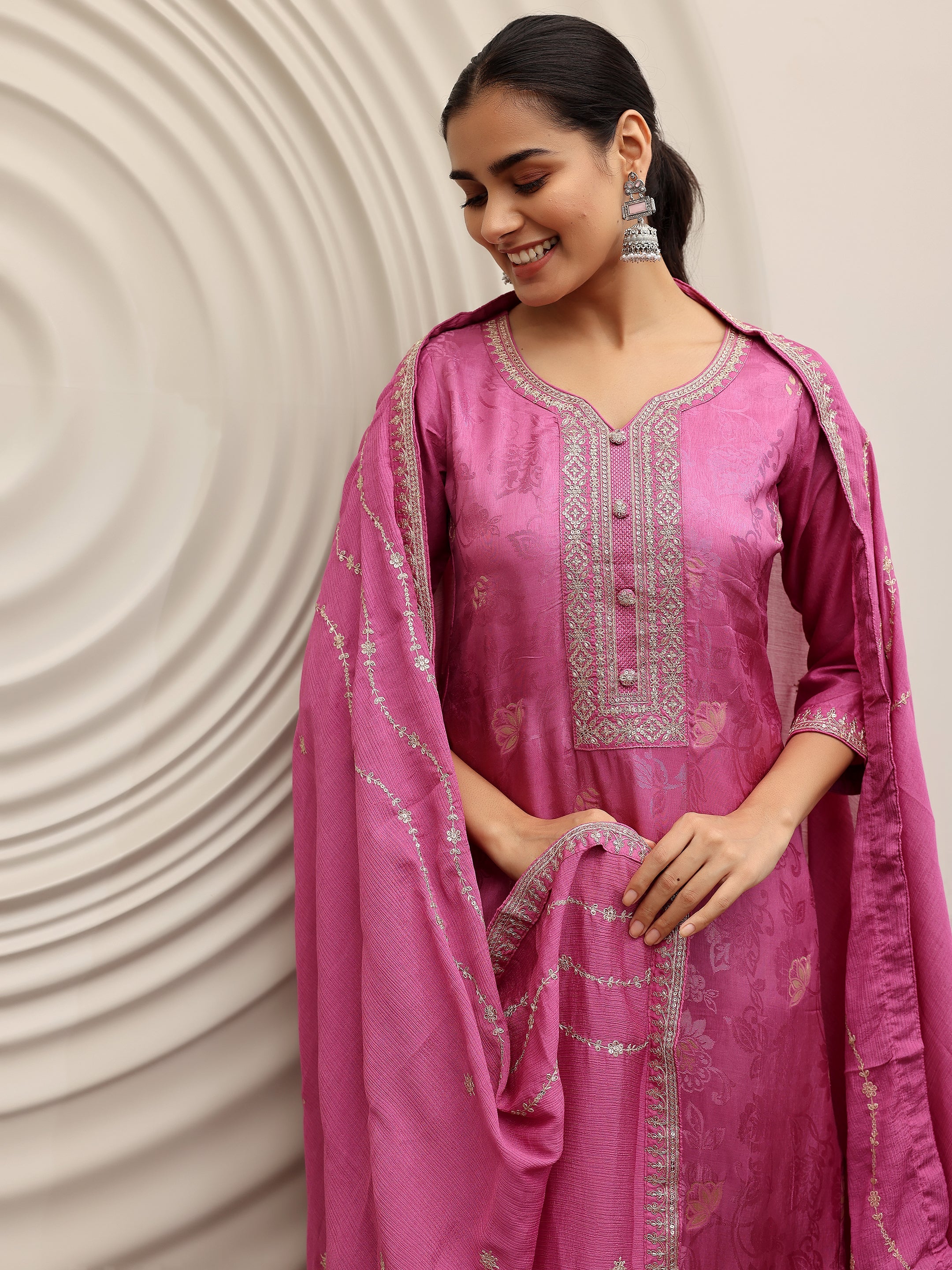 Mauve Woven Design Silk Blend Straight Suit With Dupatta