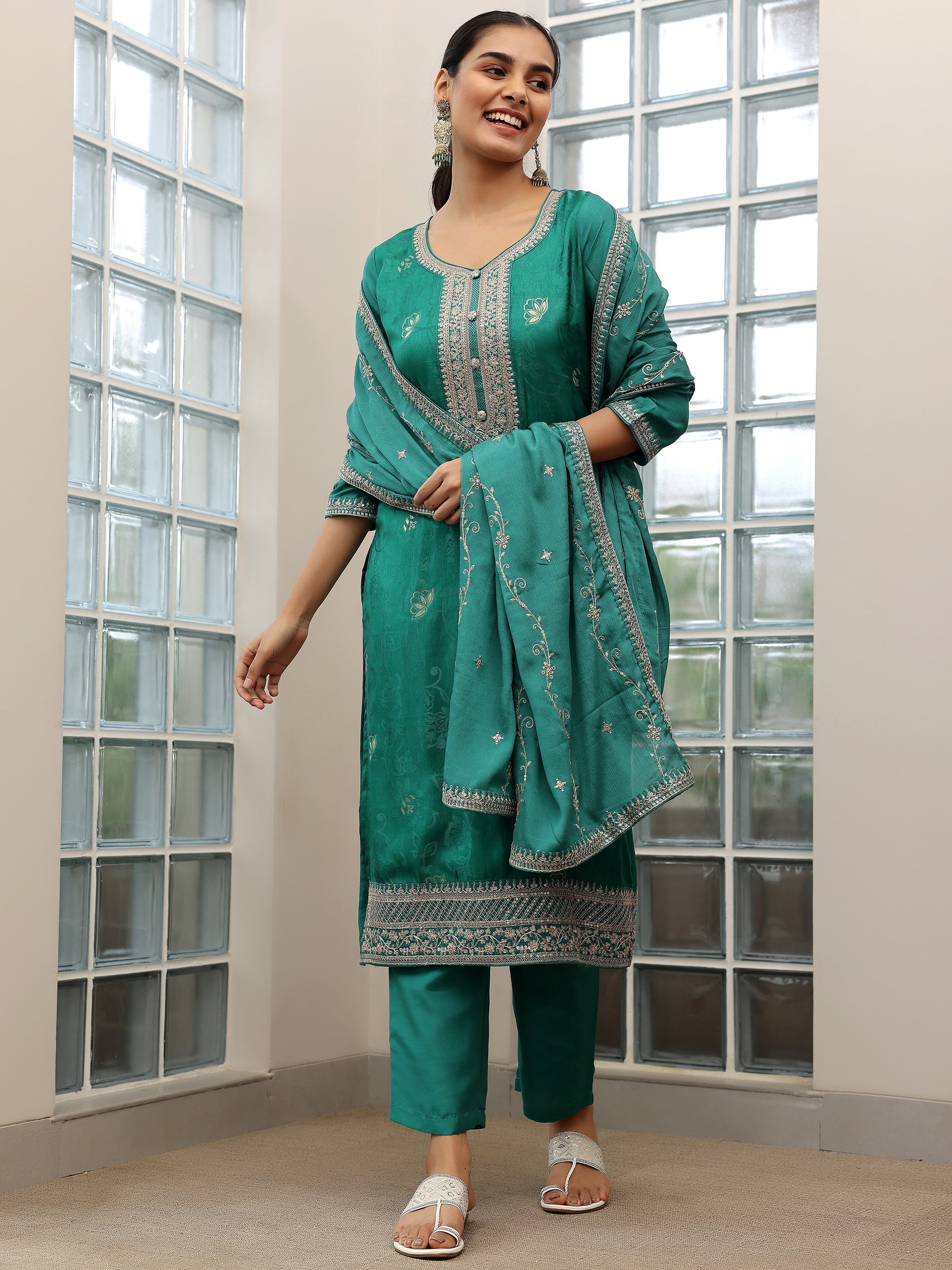 Turquoise Woven Design Silk Blend Straight Suit With Dupatta