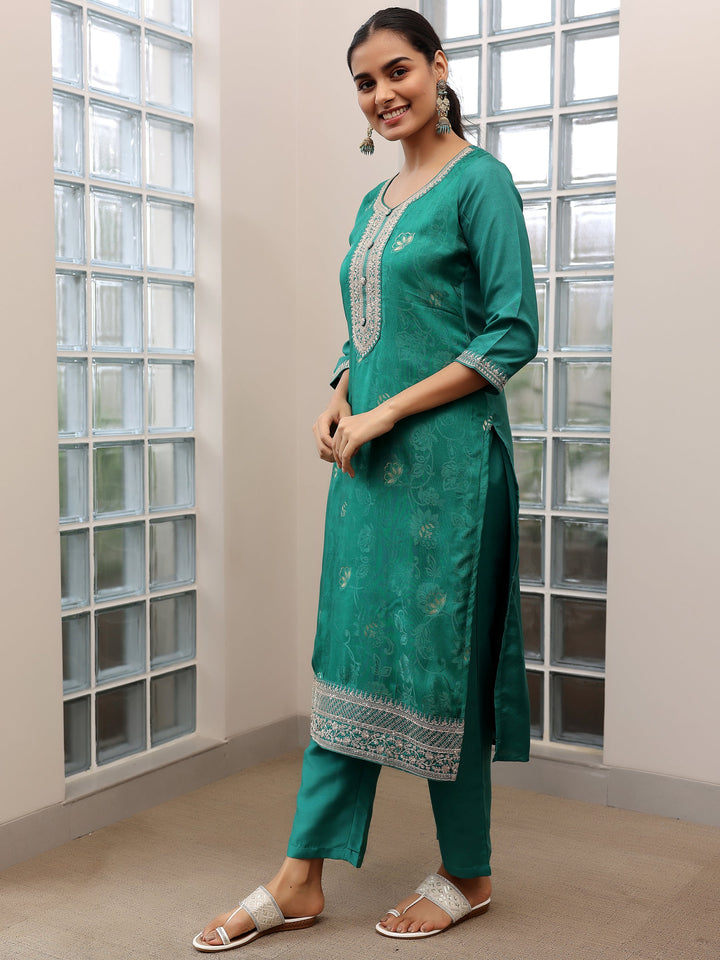 Turquoise Woven Design Silk Blend Straight Suit With Dupatta