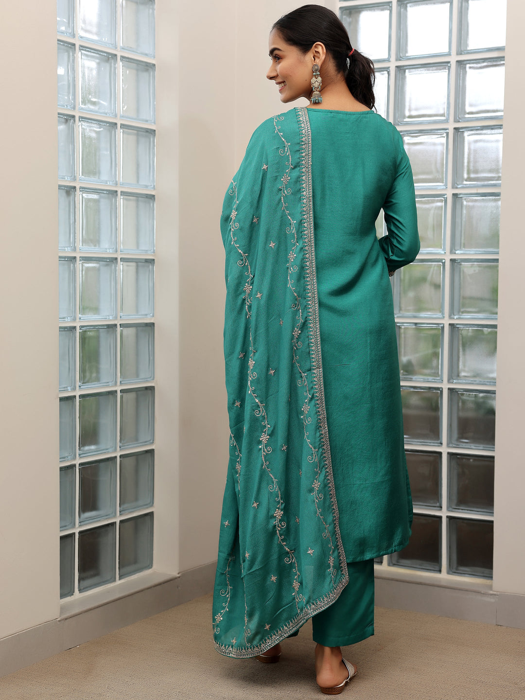 Turquoise Woven Design Silk Blend Straight Suit With Dupatta