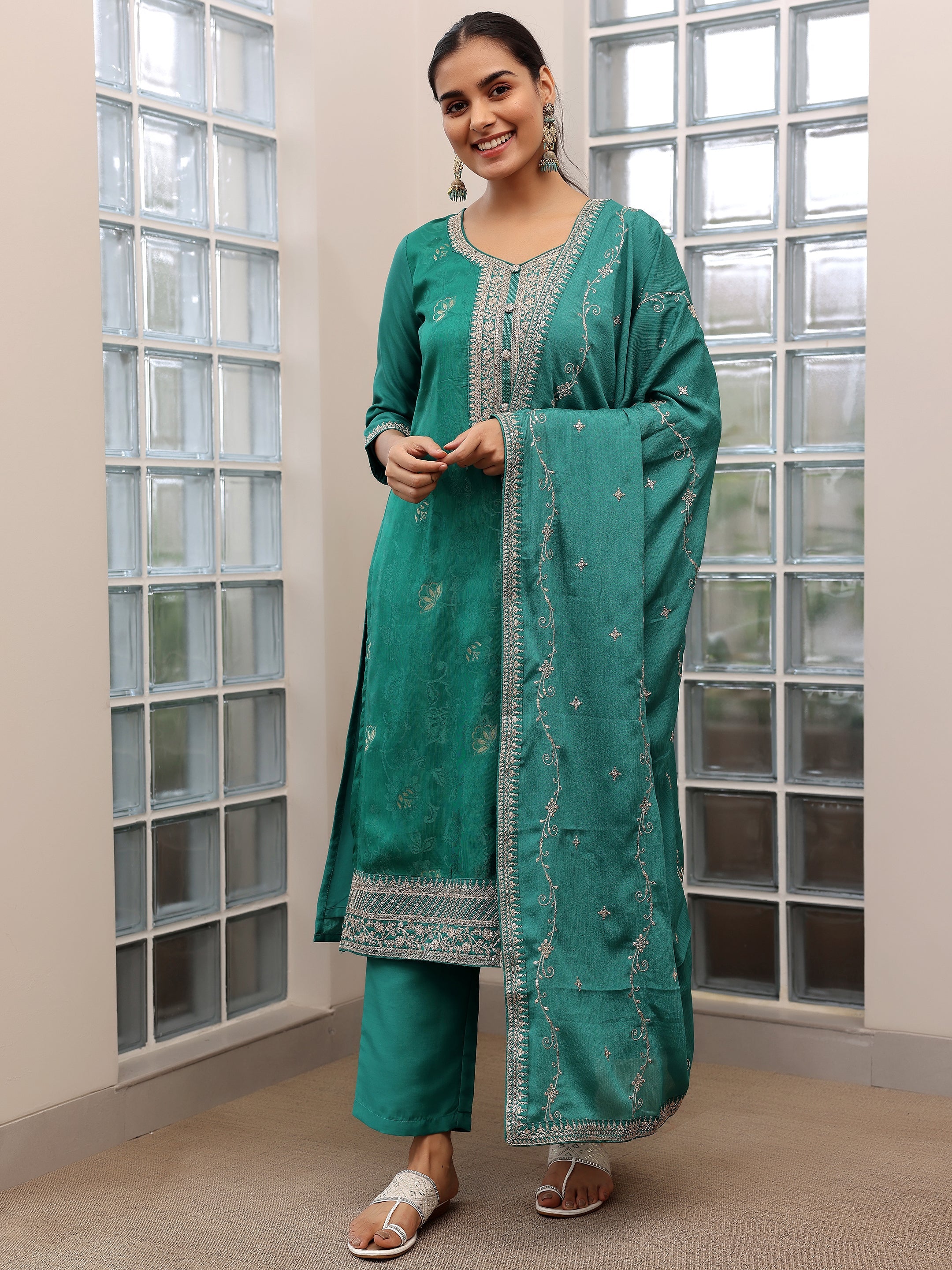 Turquoise Woven Design Silk Blend Straight Suit With Dupatta