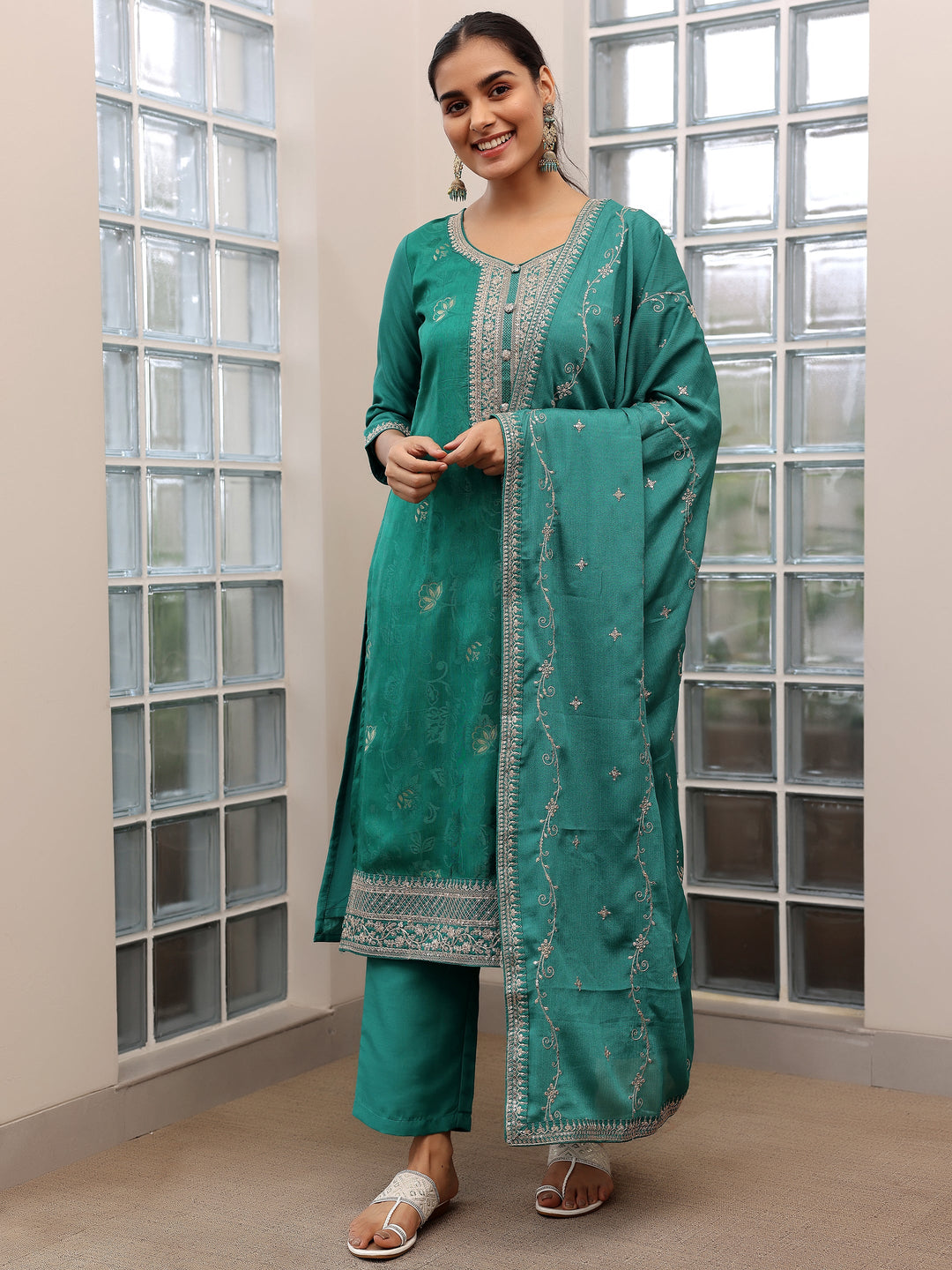 Turquoise Woven Design Silk Blend Straight Suit With Dupatta