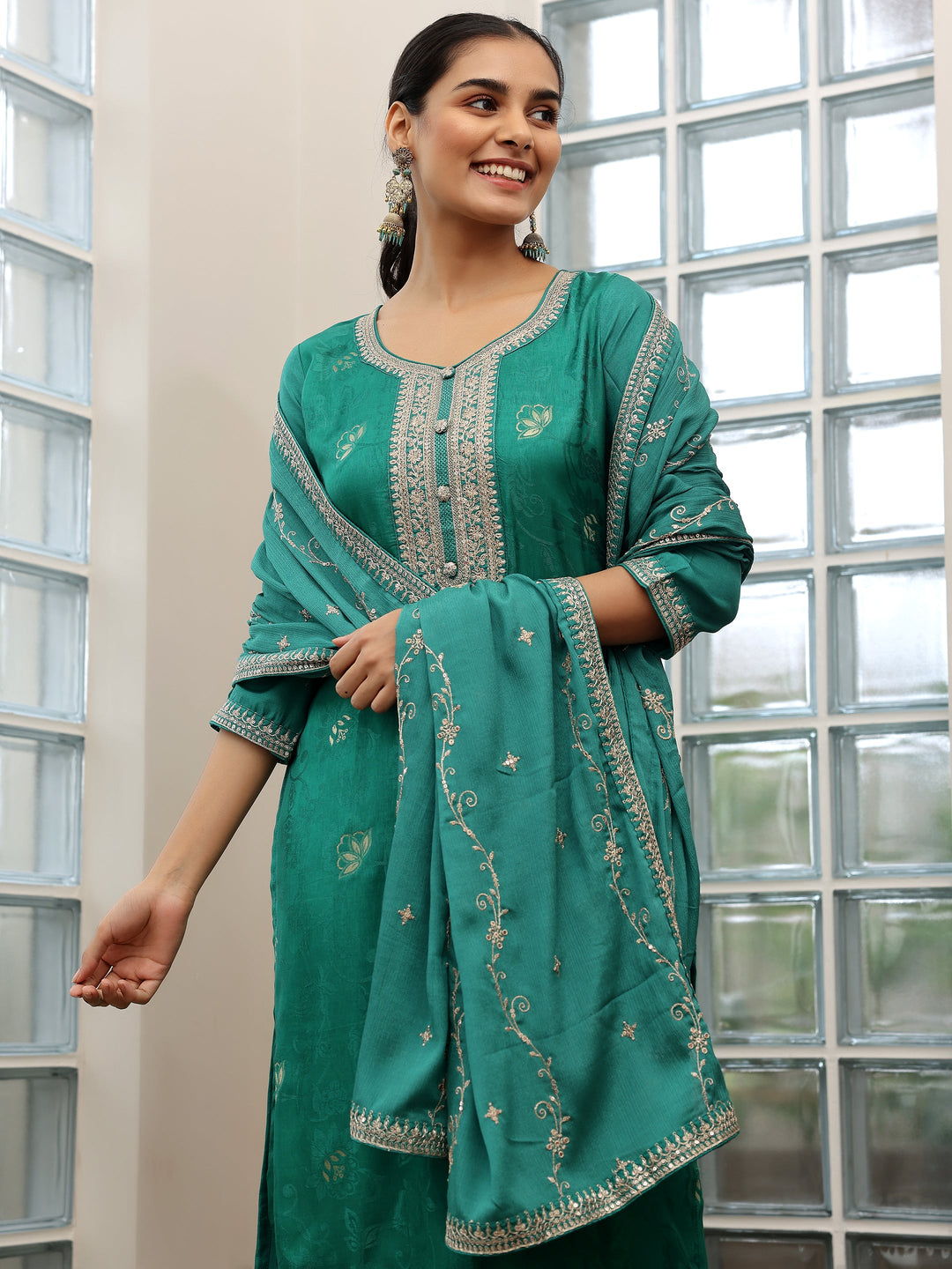 Turquoise Woven Design Silk Blend Straight Suit With Dupatta