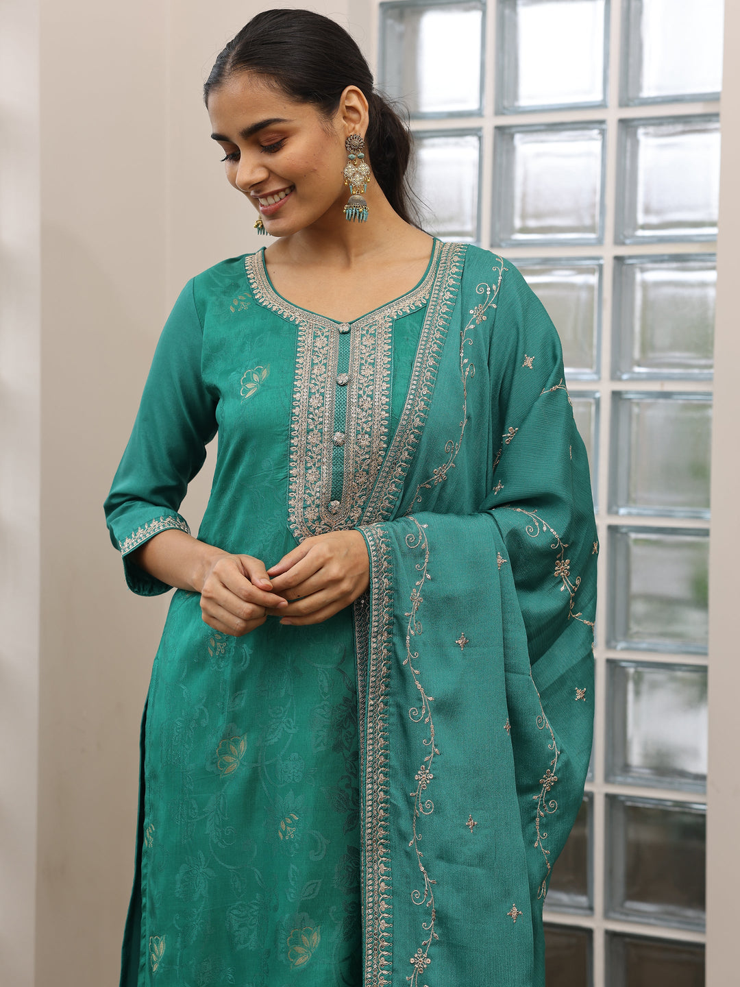 Turquoise Woven Design Silk Blend Straight Suit With Dupatta