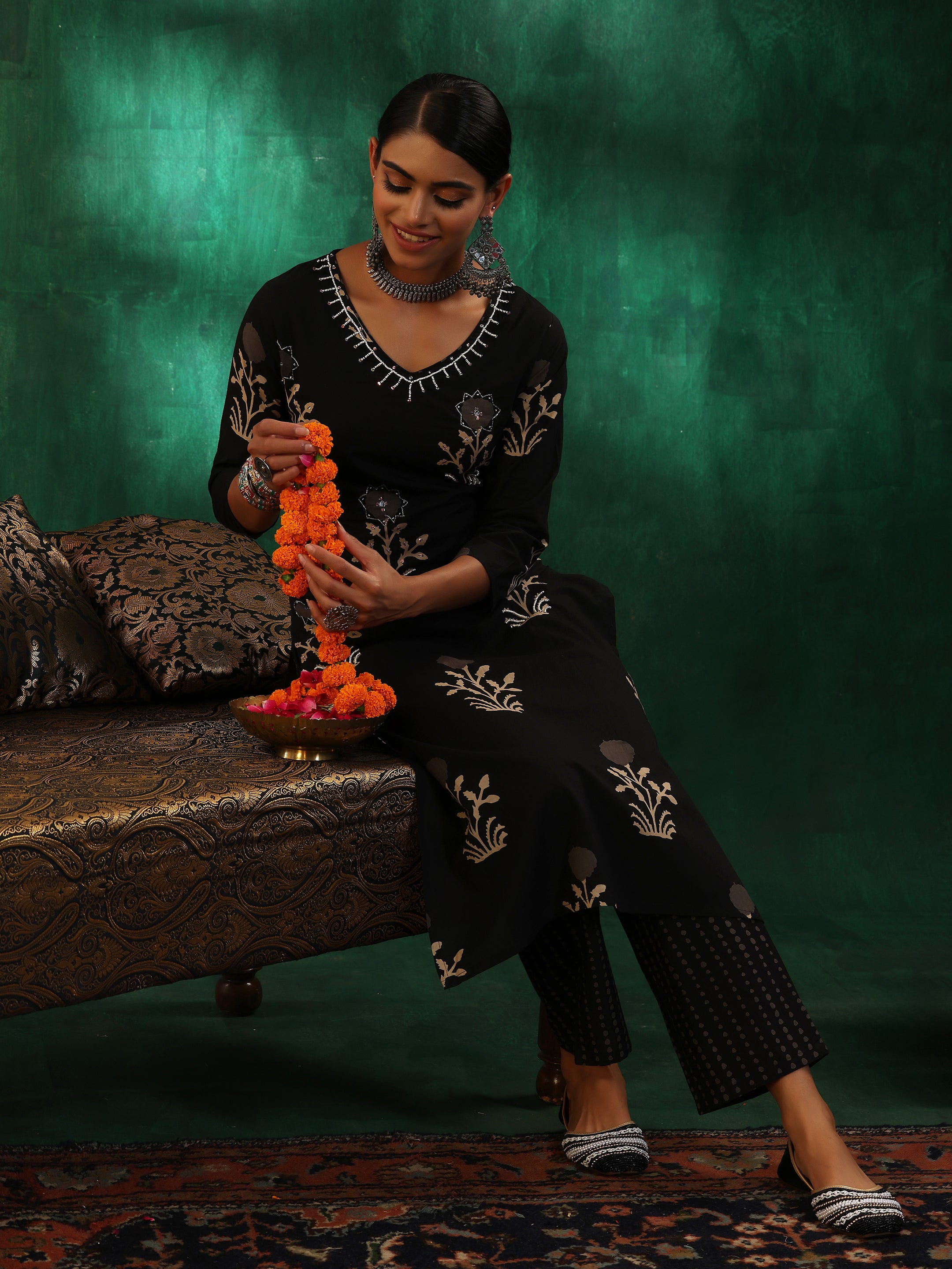 Black Printed Cotton Straight Kurta Set