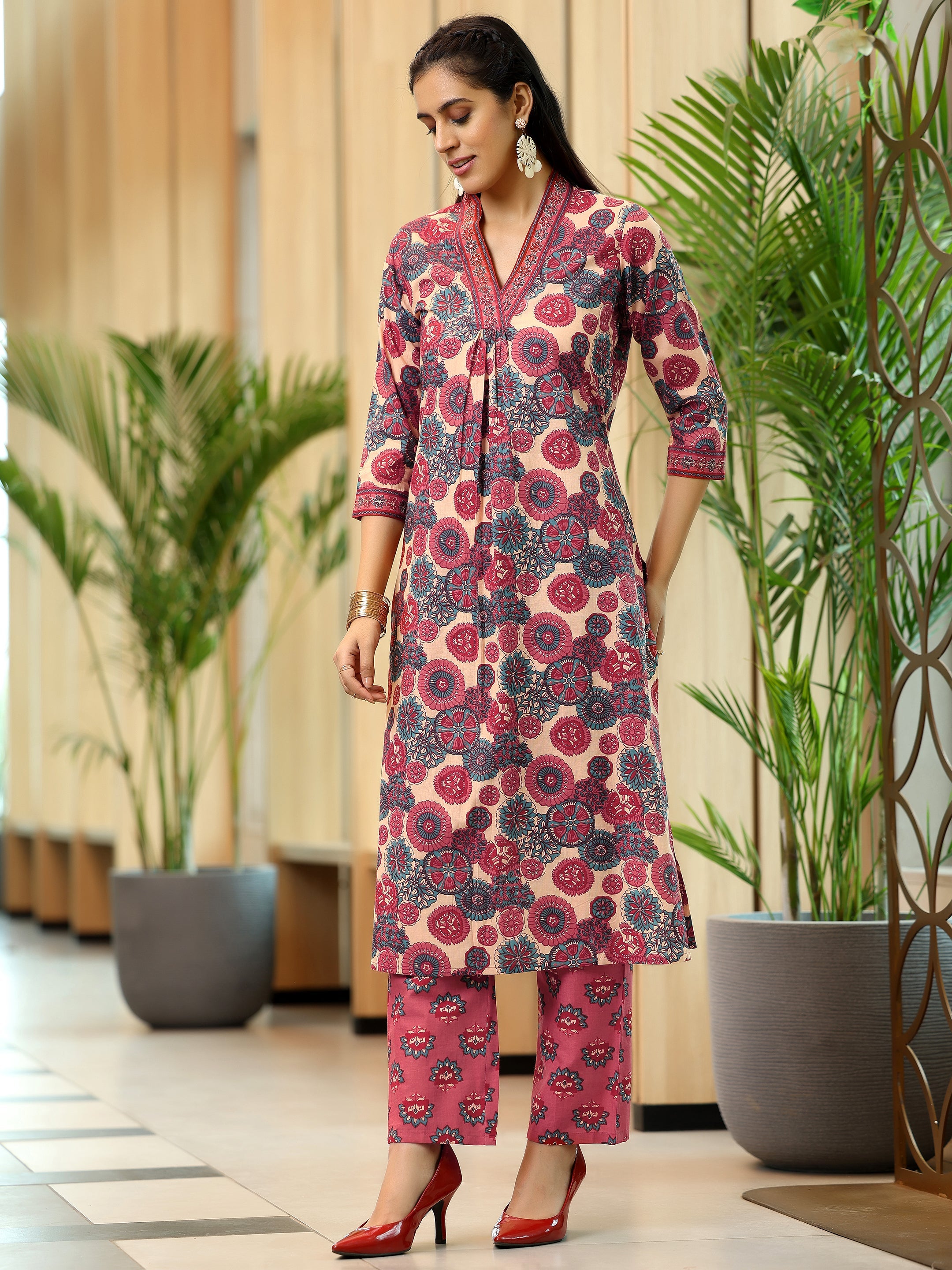 Peach Printed Cotton Straight Kurta Set