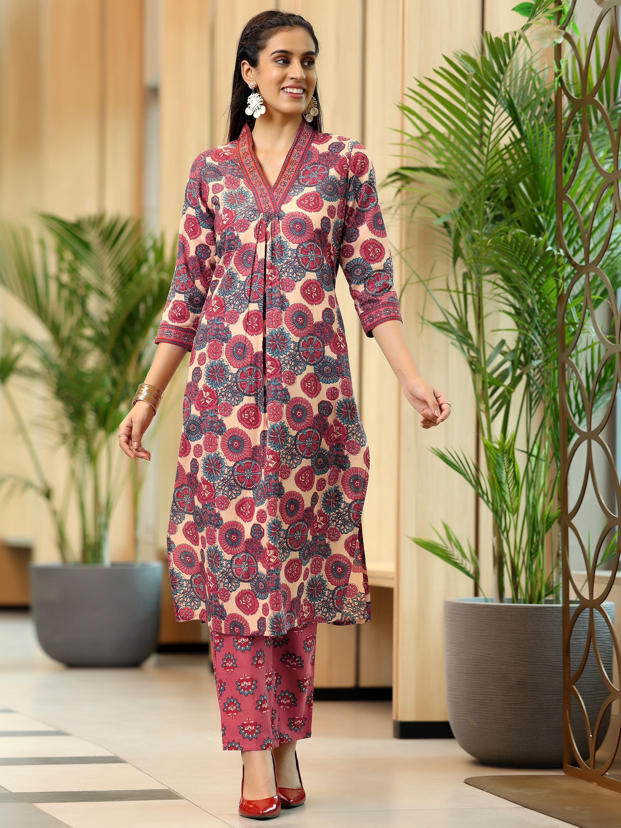 Peach Printed Cotton Straight Kurta Set