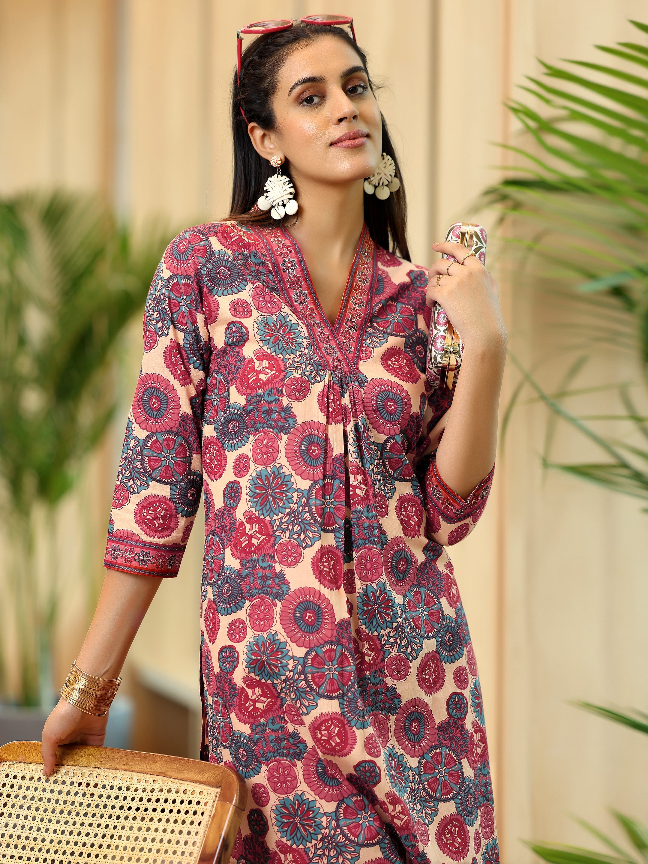 Peach Printed Cotton Straight Kurta Set