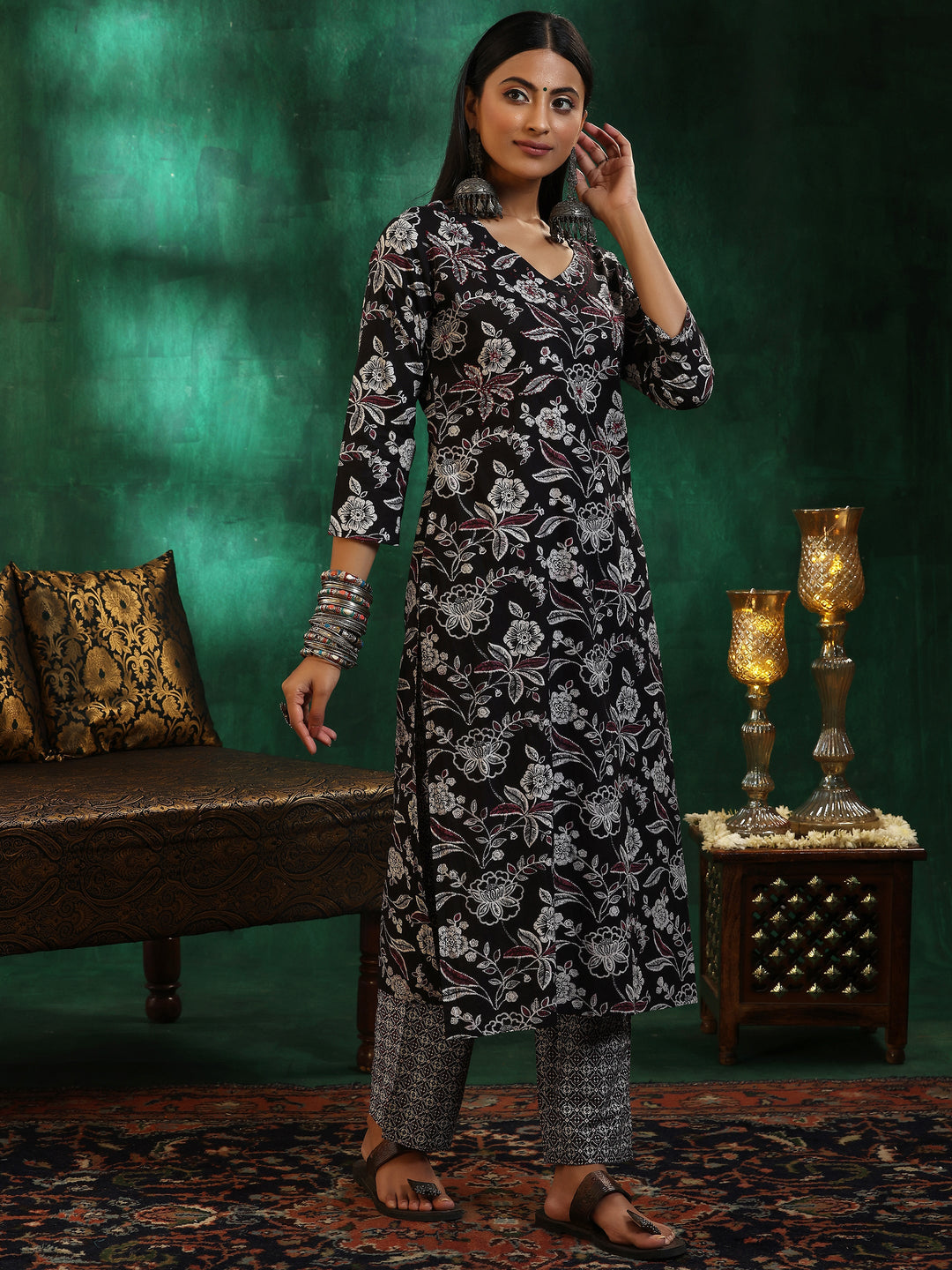 Black Printed Cotton Straight Suit With Dupatta