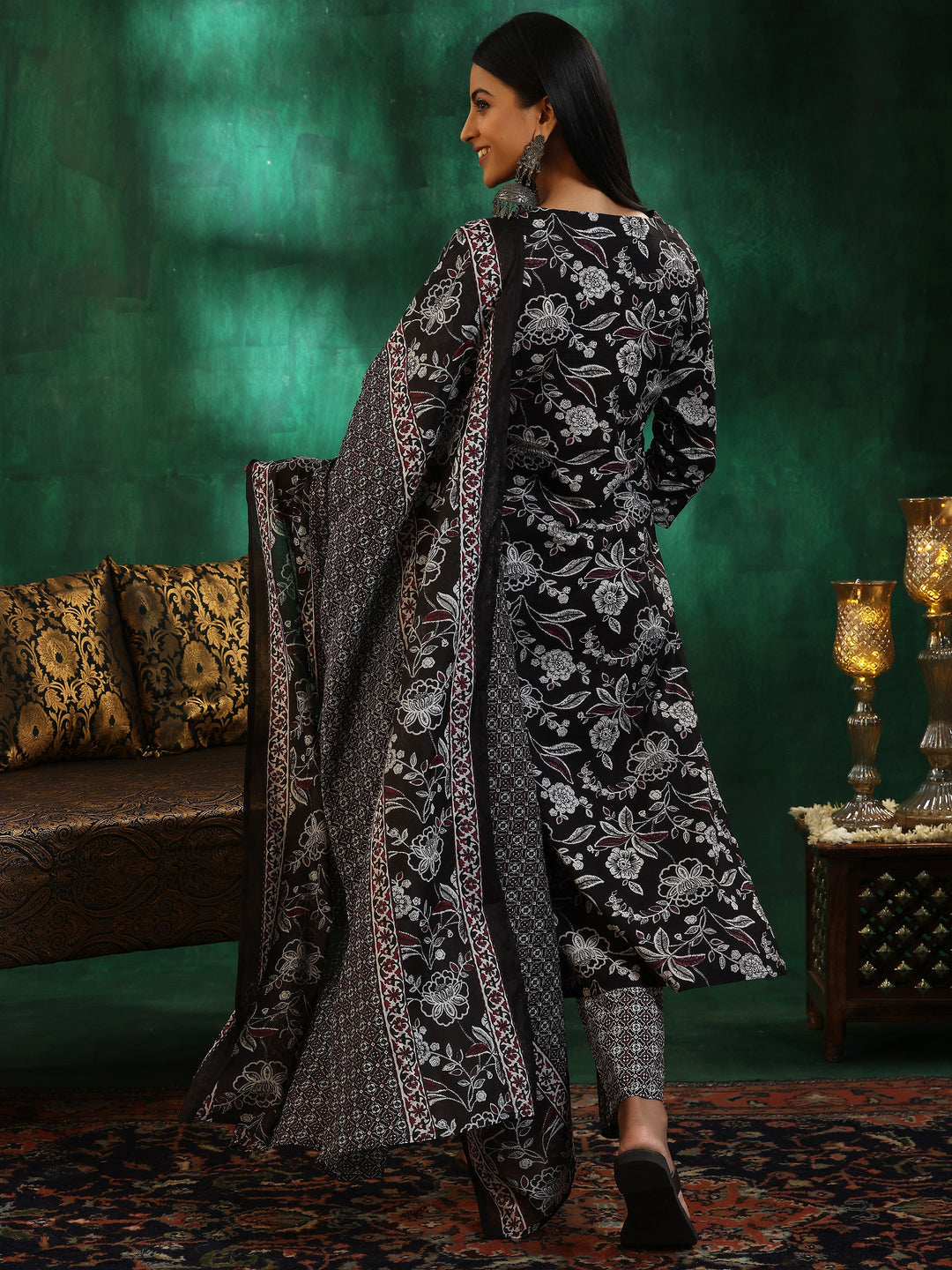 Black Printed Cotton Straight Suit With Dupatta