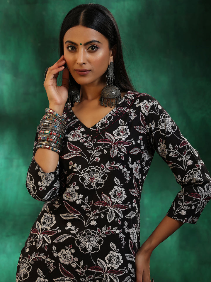 Black Printed Cotton Straight Suit With Dupatta