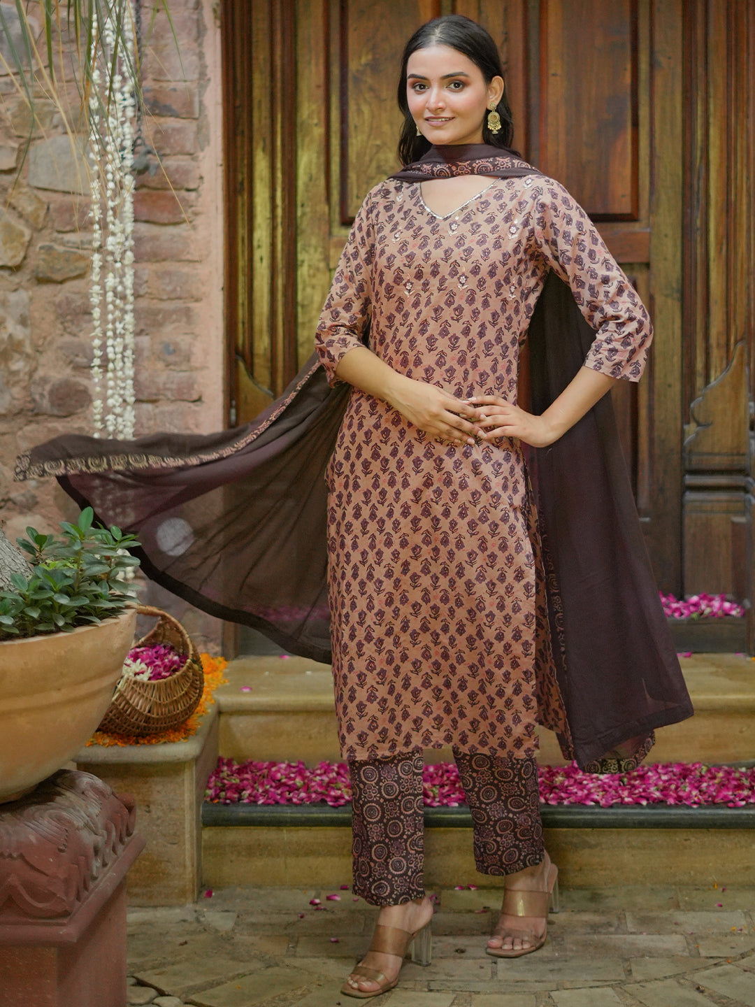 Brown Printed Cotton Straight Suit With Dupatta