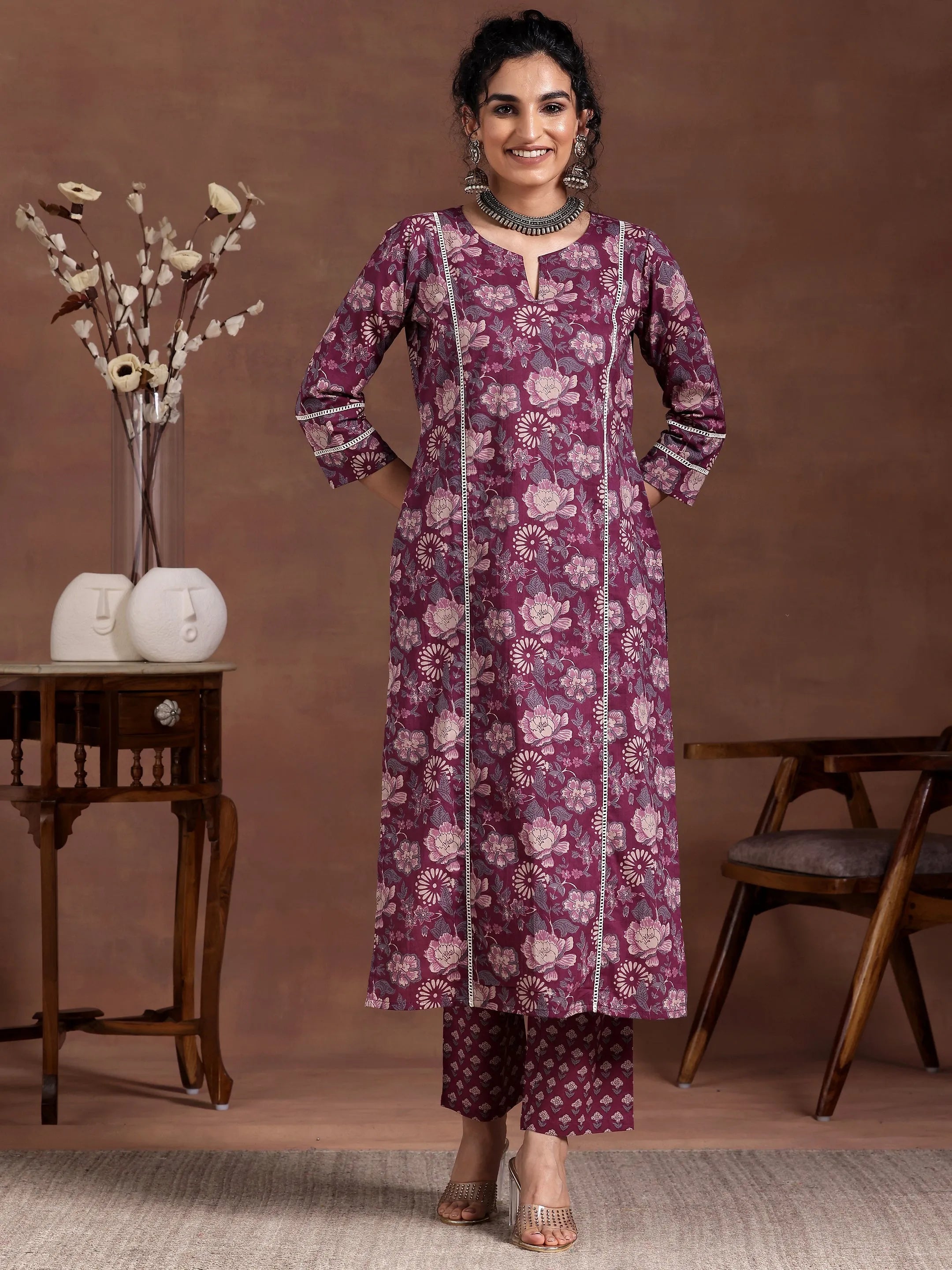 Wine Printed Cotton Straight Kurta Set