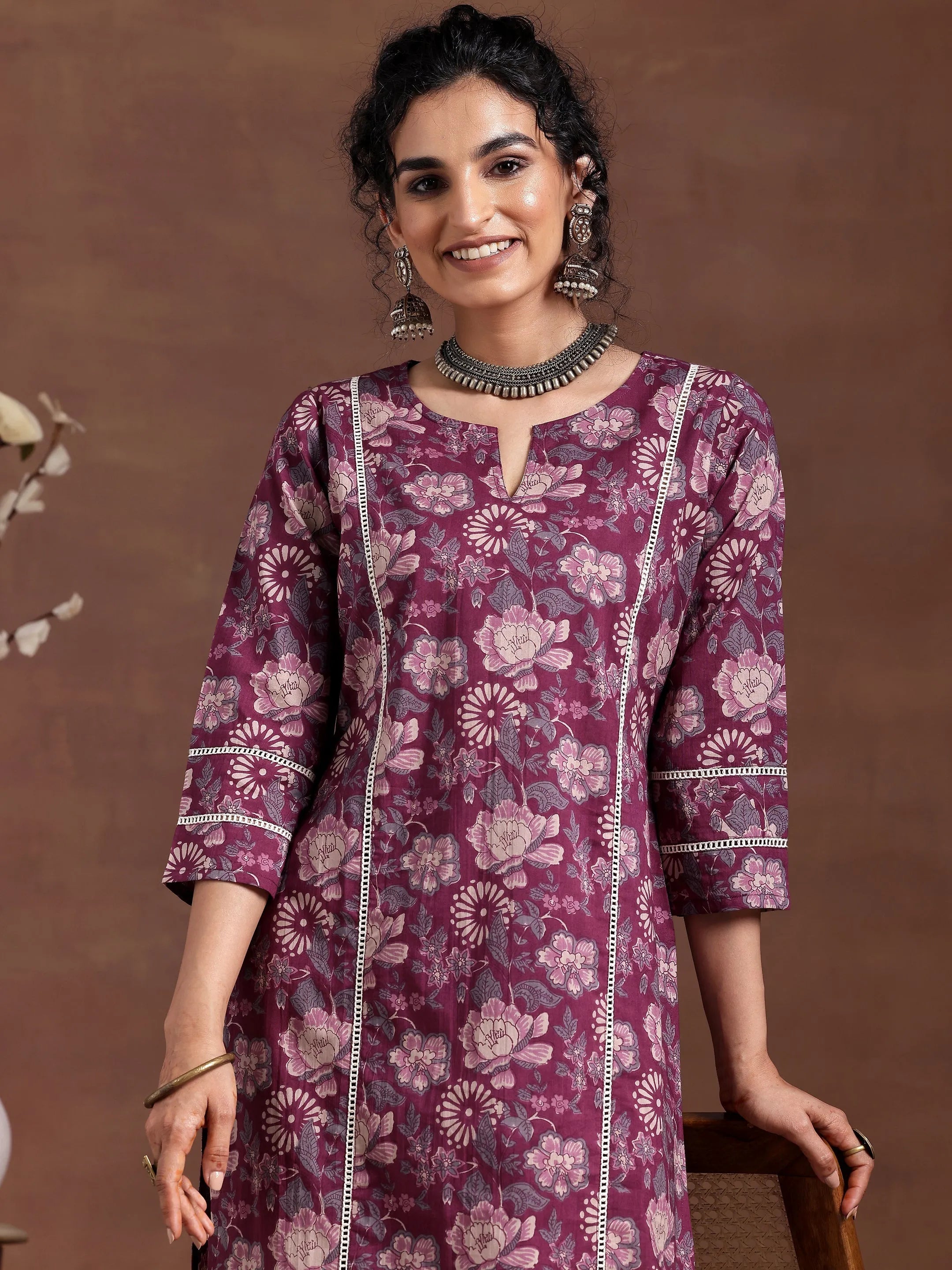 Wine Printed Cotton Straight Kurta Set