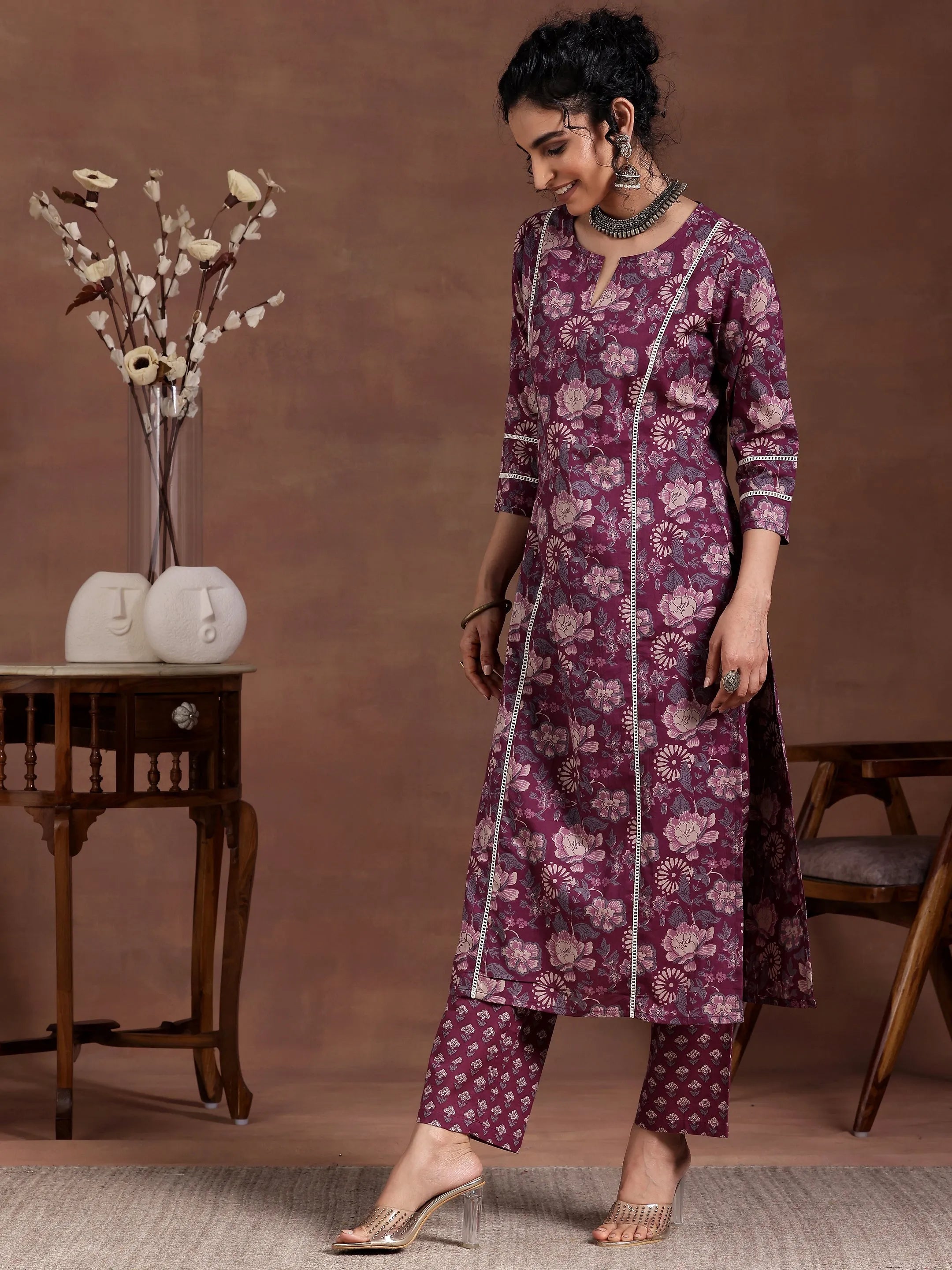 Wine Printed Cotton Straight Kurta Set