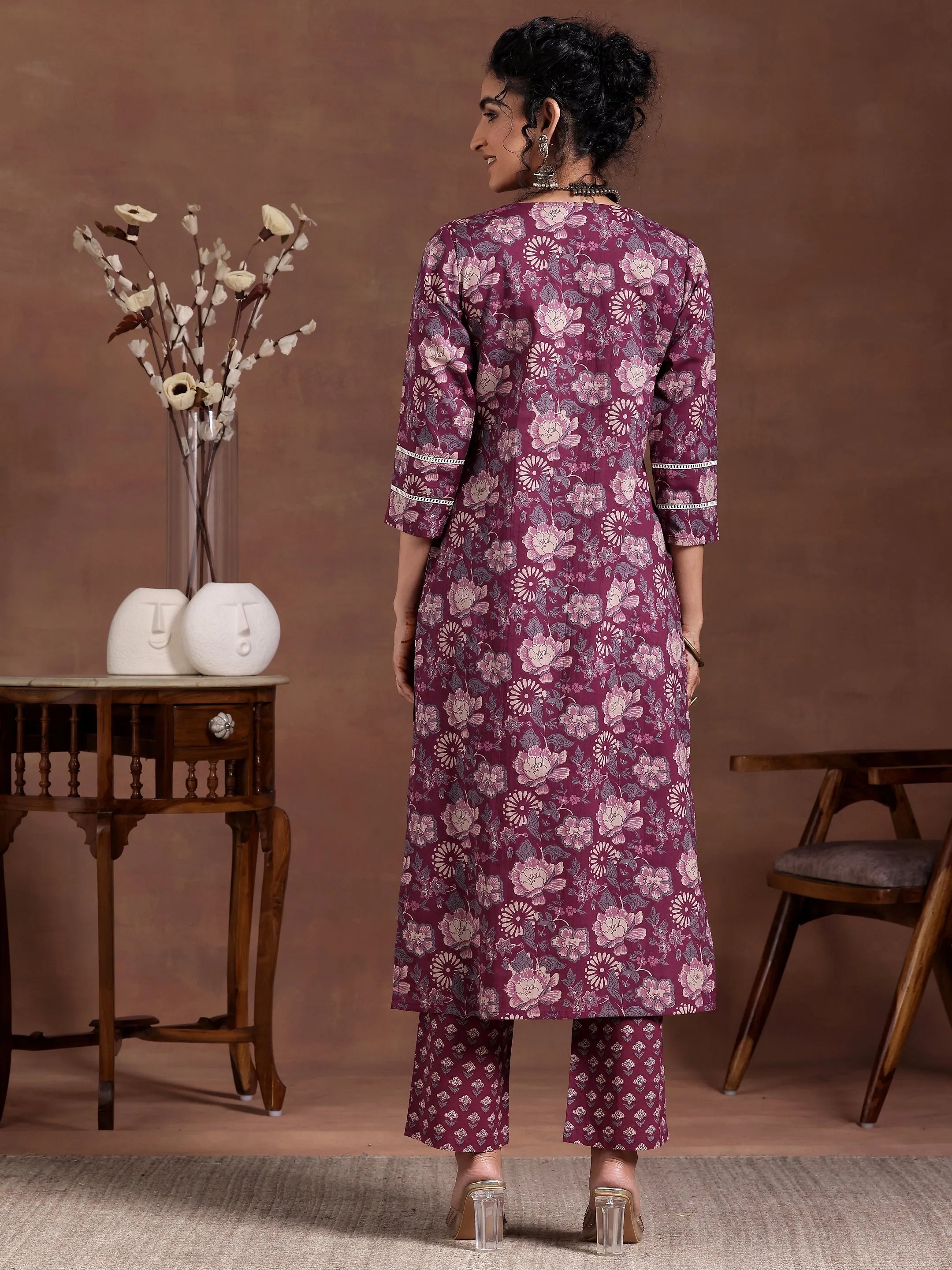 Wine Printed Cotton Straight Kurta Set