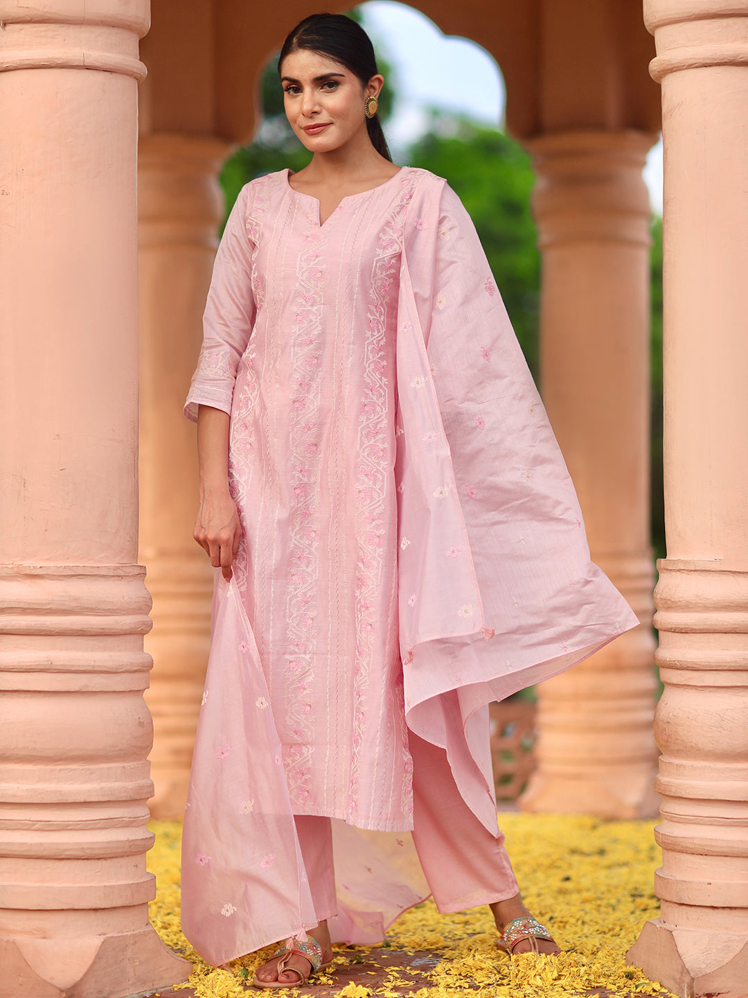 Libas Art Pink Embroidered Chanderi Silk Straight Suit With Dupatta