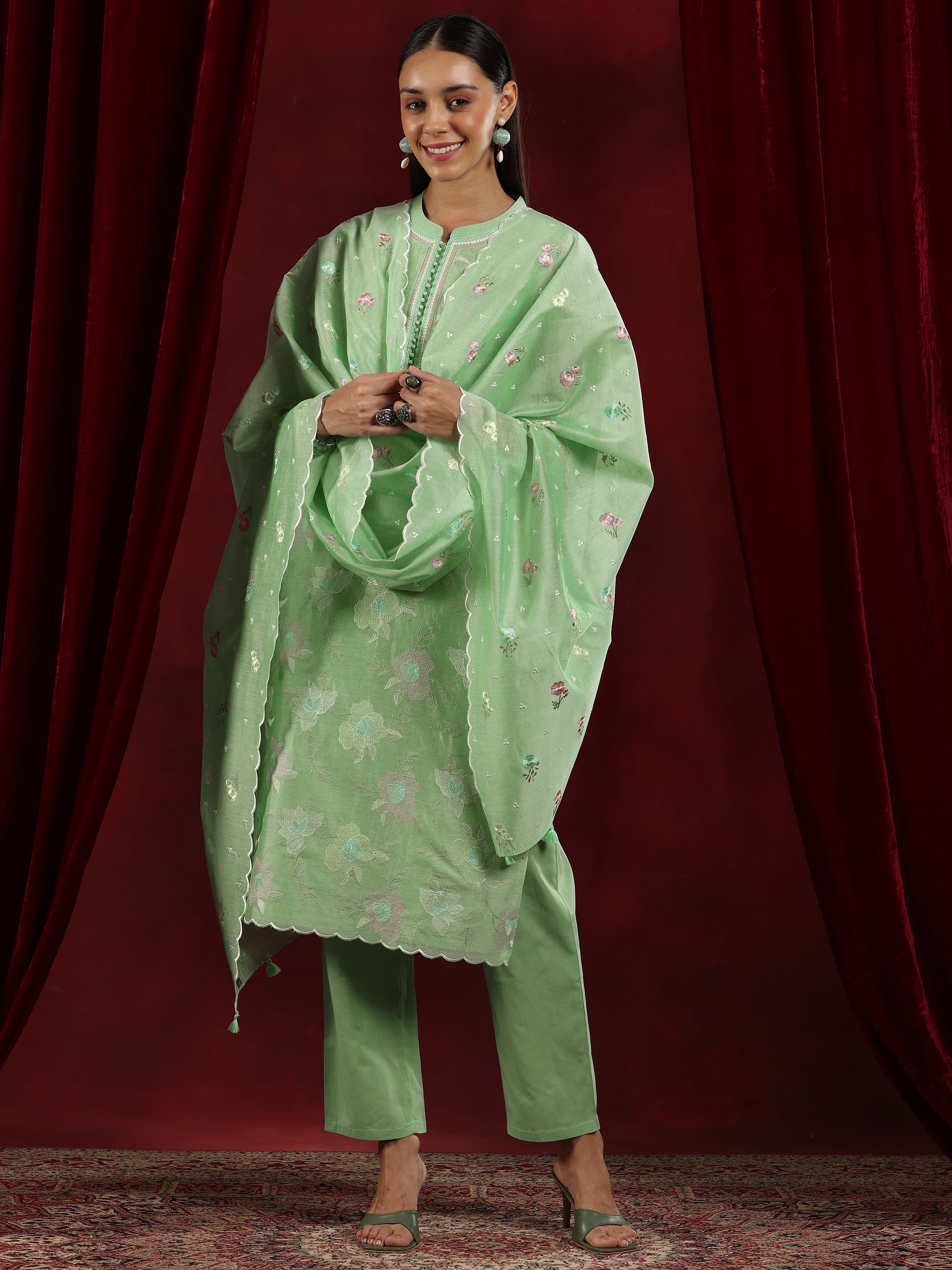 Libas Art Green Embroidered Chanderi Silk Straight Suit With Dupatta