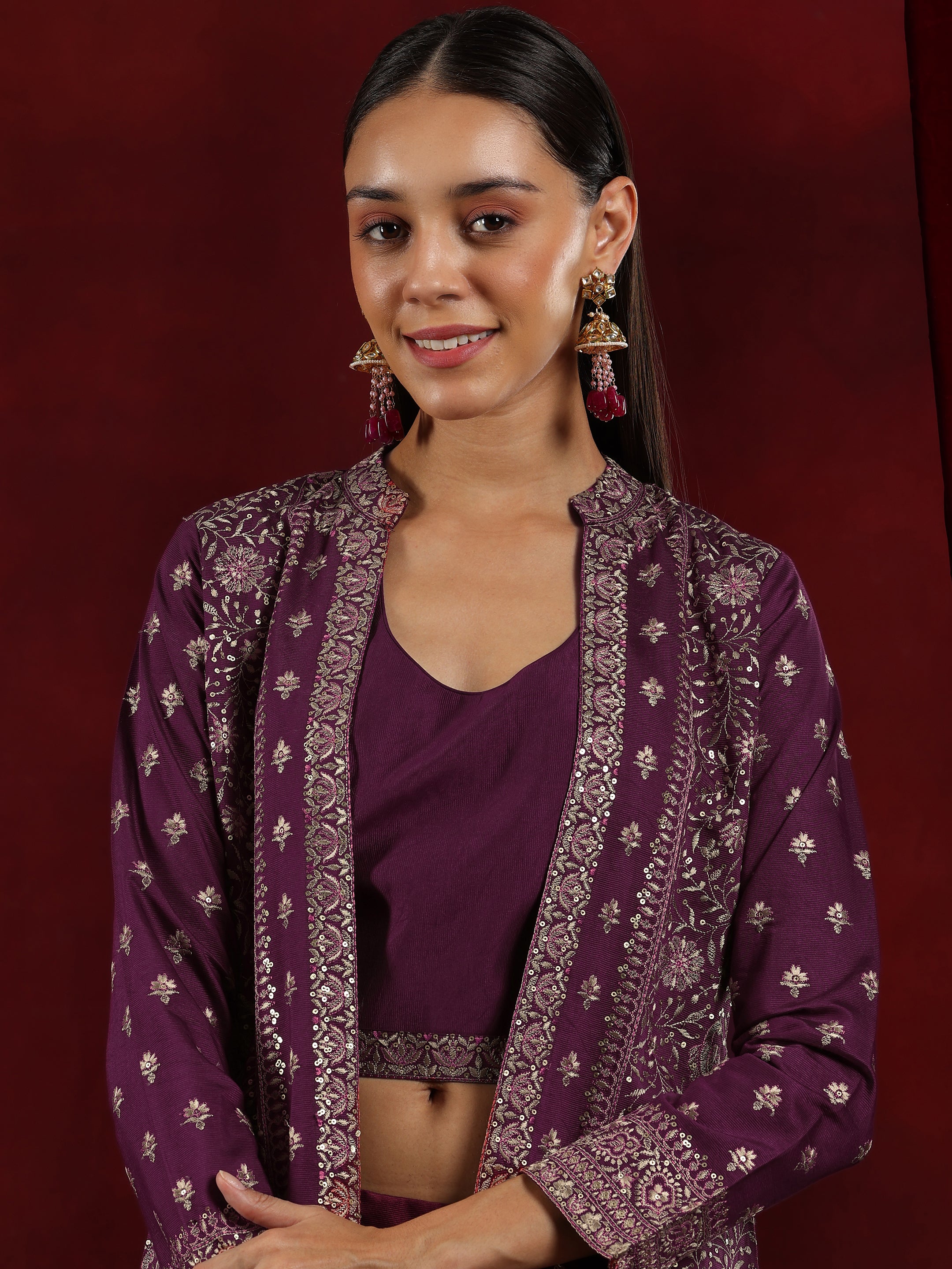 Libas Art Wine Solid Silk Blend Co-Ords With Shrug