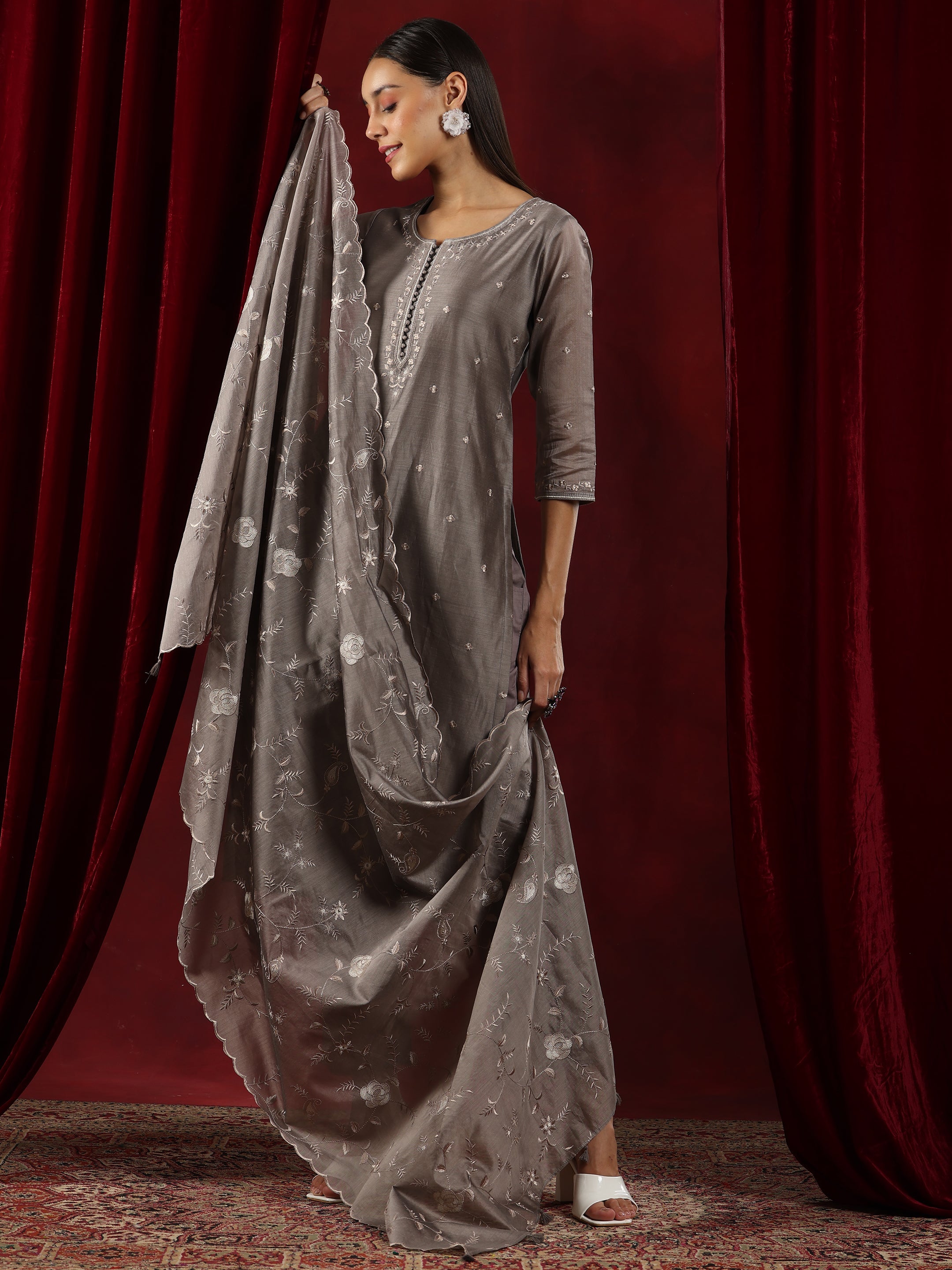 Libas Art Grey Embroidered Chanderi Silk Straight Suit With Dupatta