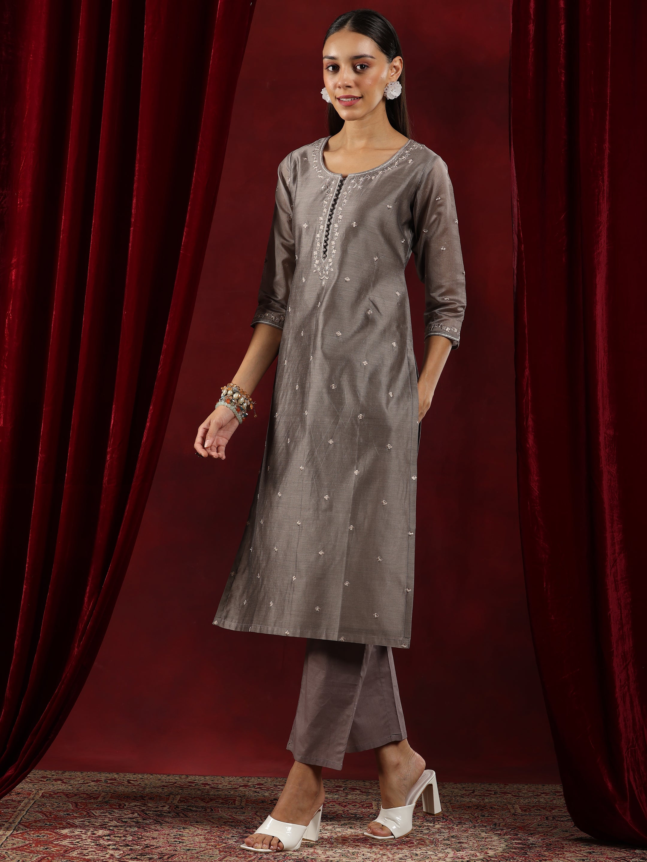 Libas Art Grey Embroidered Chanderi Silk Straight Suit With Dupatta