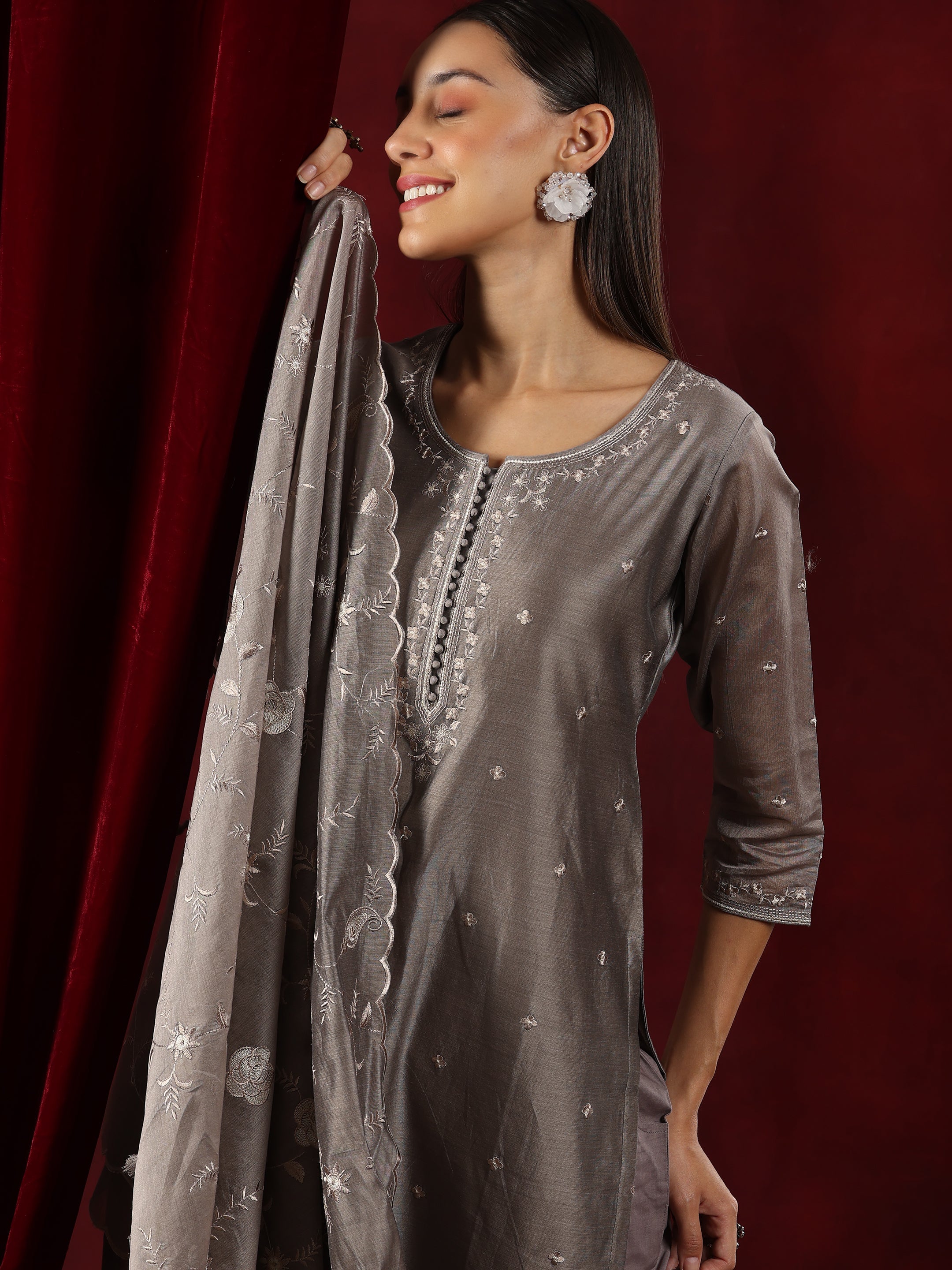 Libas Art Grey Embroidered Chanderi Silk Straight Suit With Dupatta