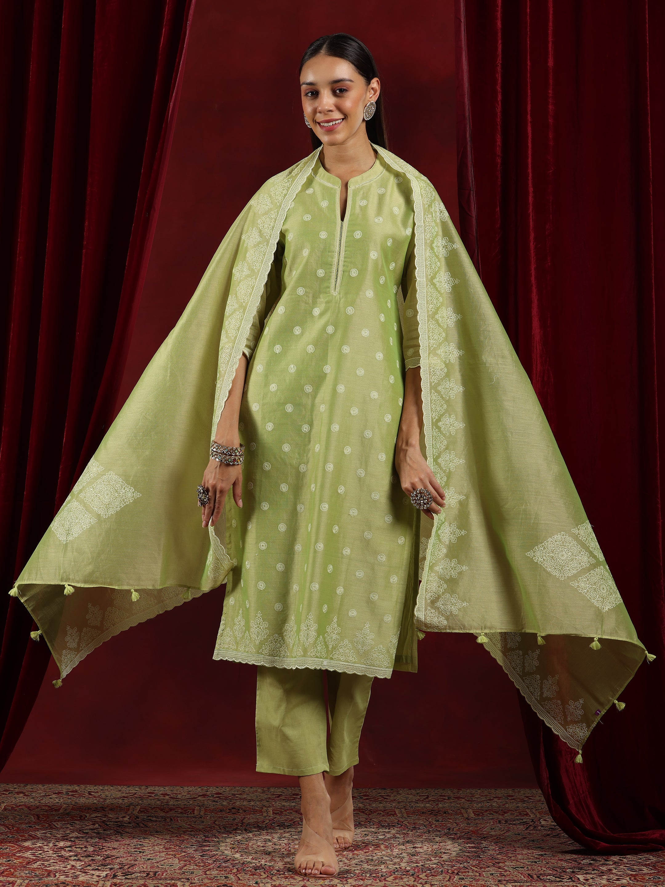 Libas Art Green Embroidered Chanderi Silk Straight Suit With Dupatta