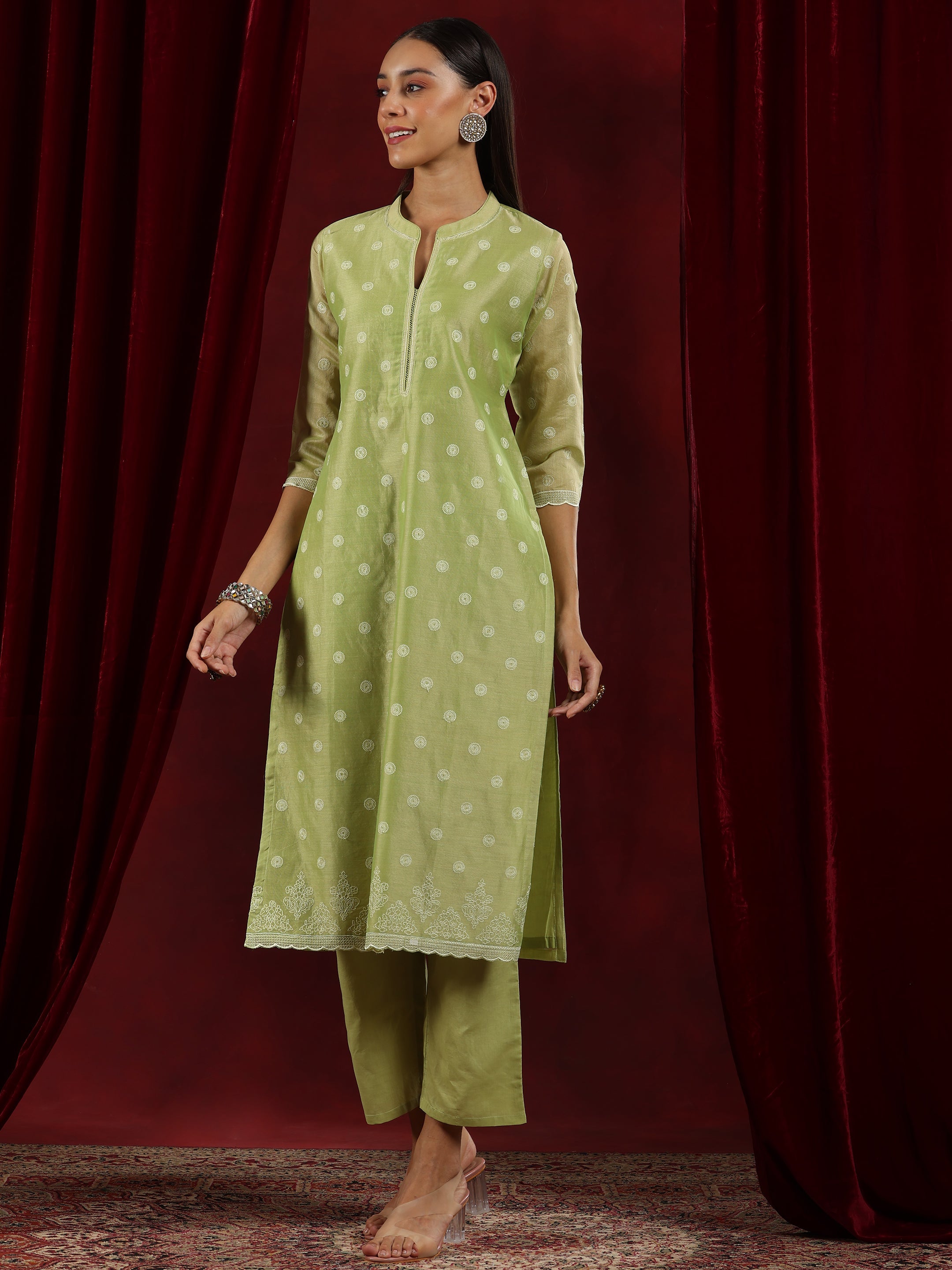 Libas Art Green Embroidered Chanderi Silk Straight Suit With Dupatta