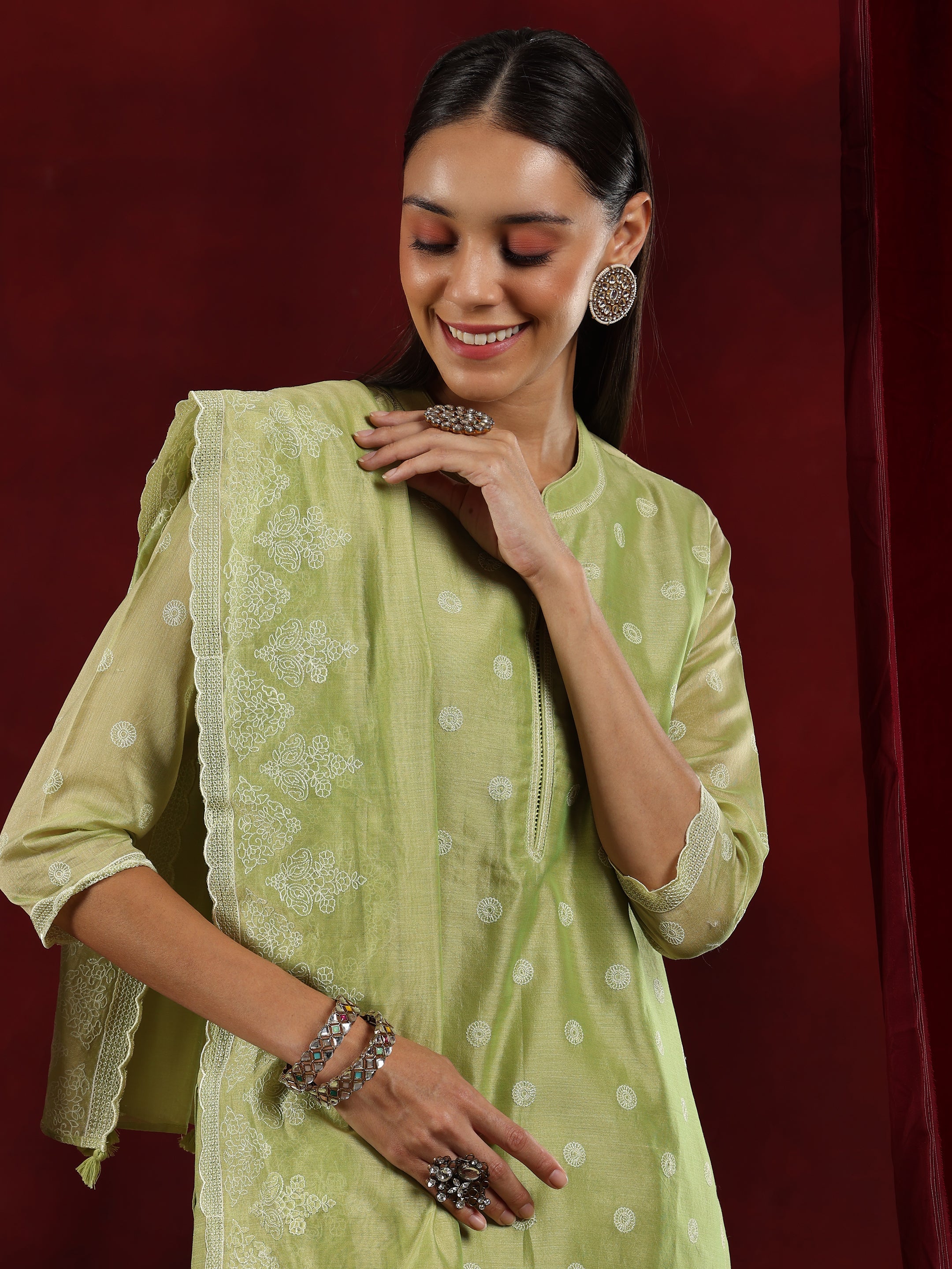 Libas Art Green Embroidered Chanderi Silk Straight Suit With Dupatta