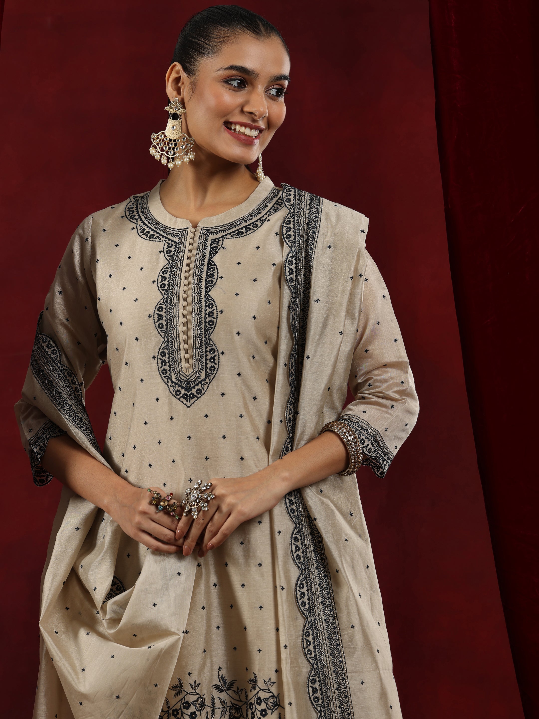 Libas Art Beige Embroidered Chanderi Silk Straight Suit With Dupatta