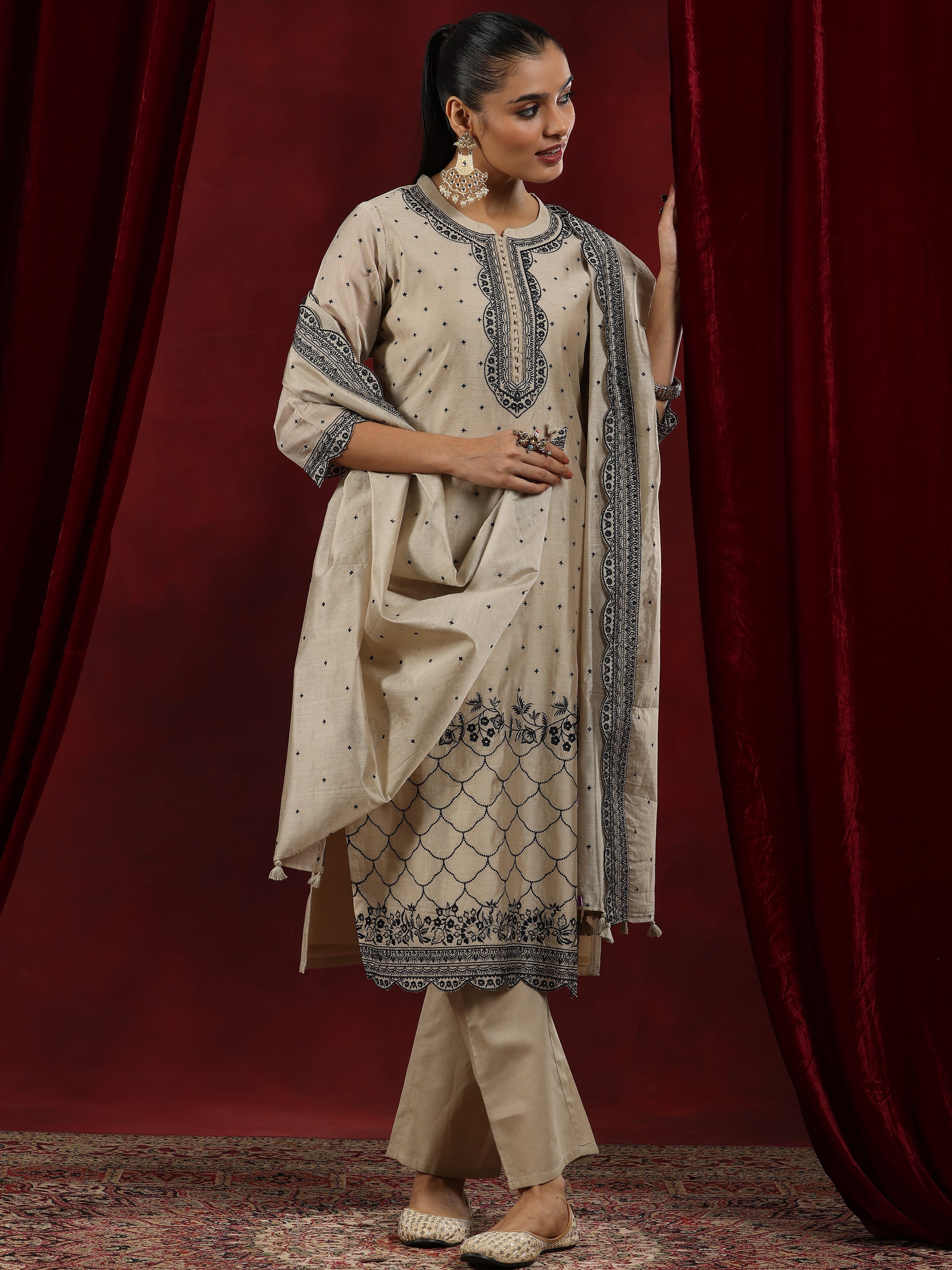 Libas Art Beige Embroidered Chanderi Silk Straight Suit With Dupatta