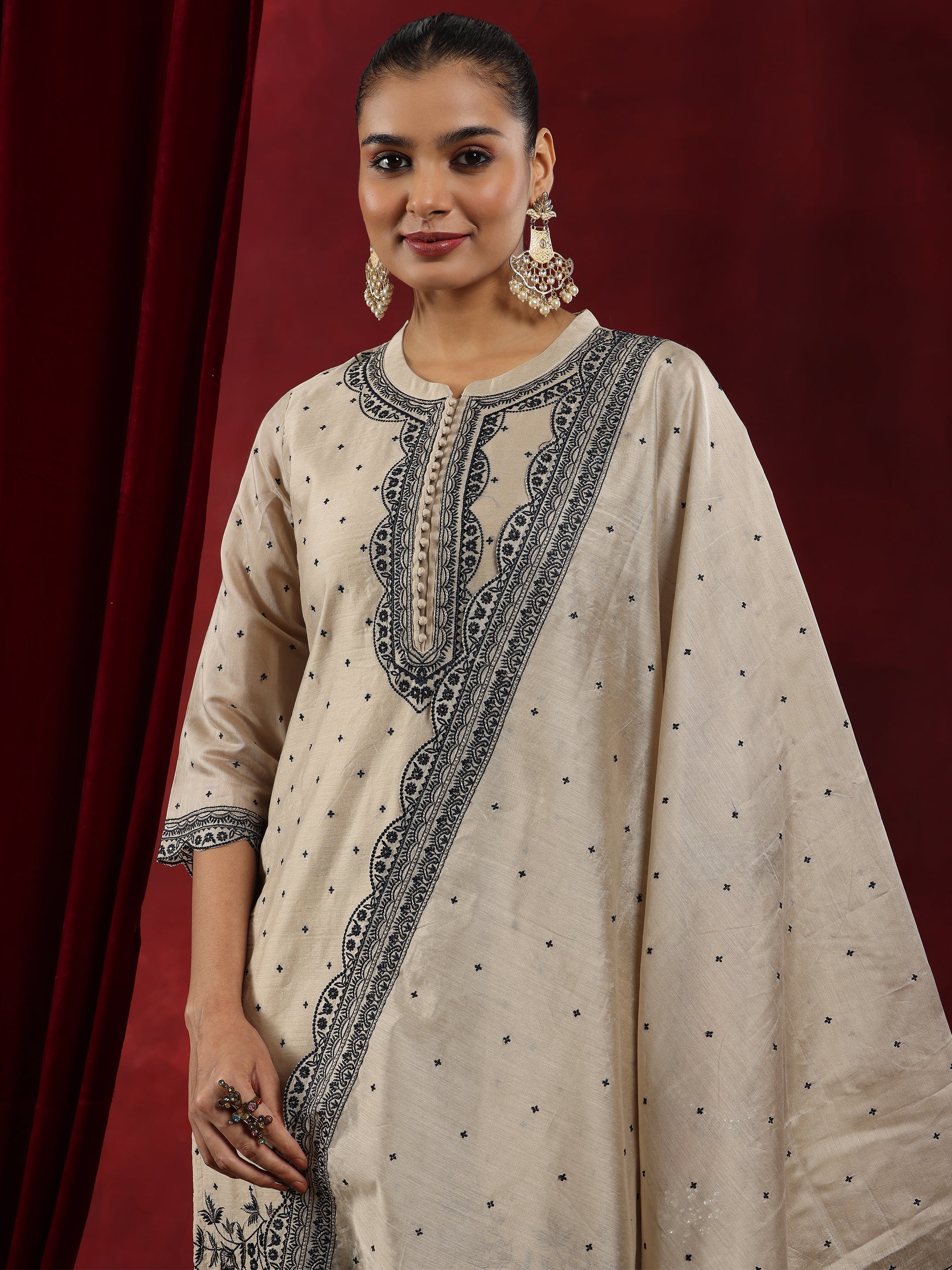 Libas Art Beige Embroidered Chanderi Silk Straight Suit With Dupatta