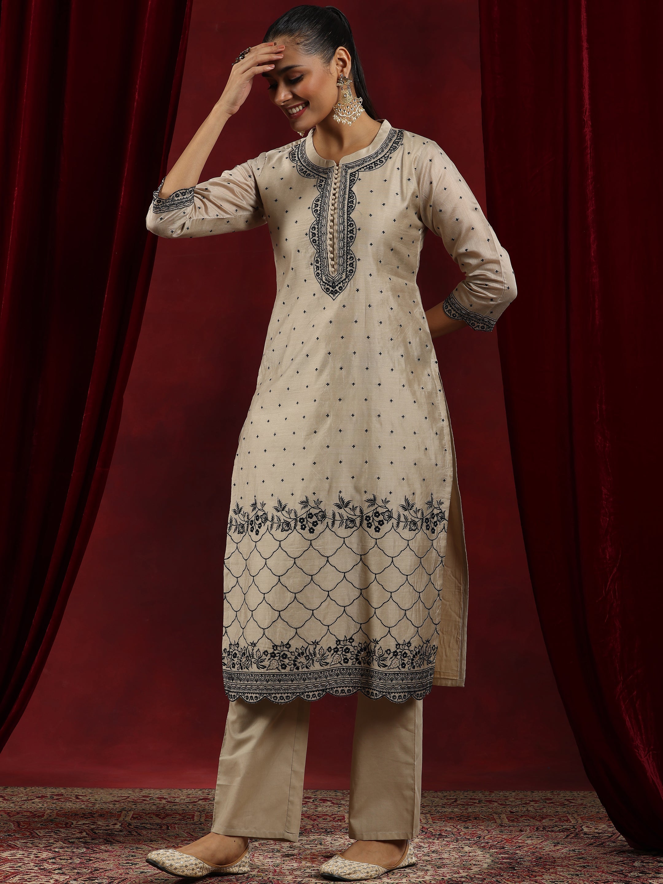 Libas Art Beige Embroidered Chanderi Silk Straight Suit With Dupatta