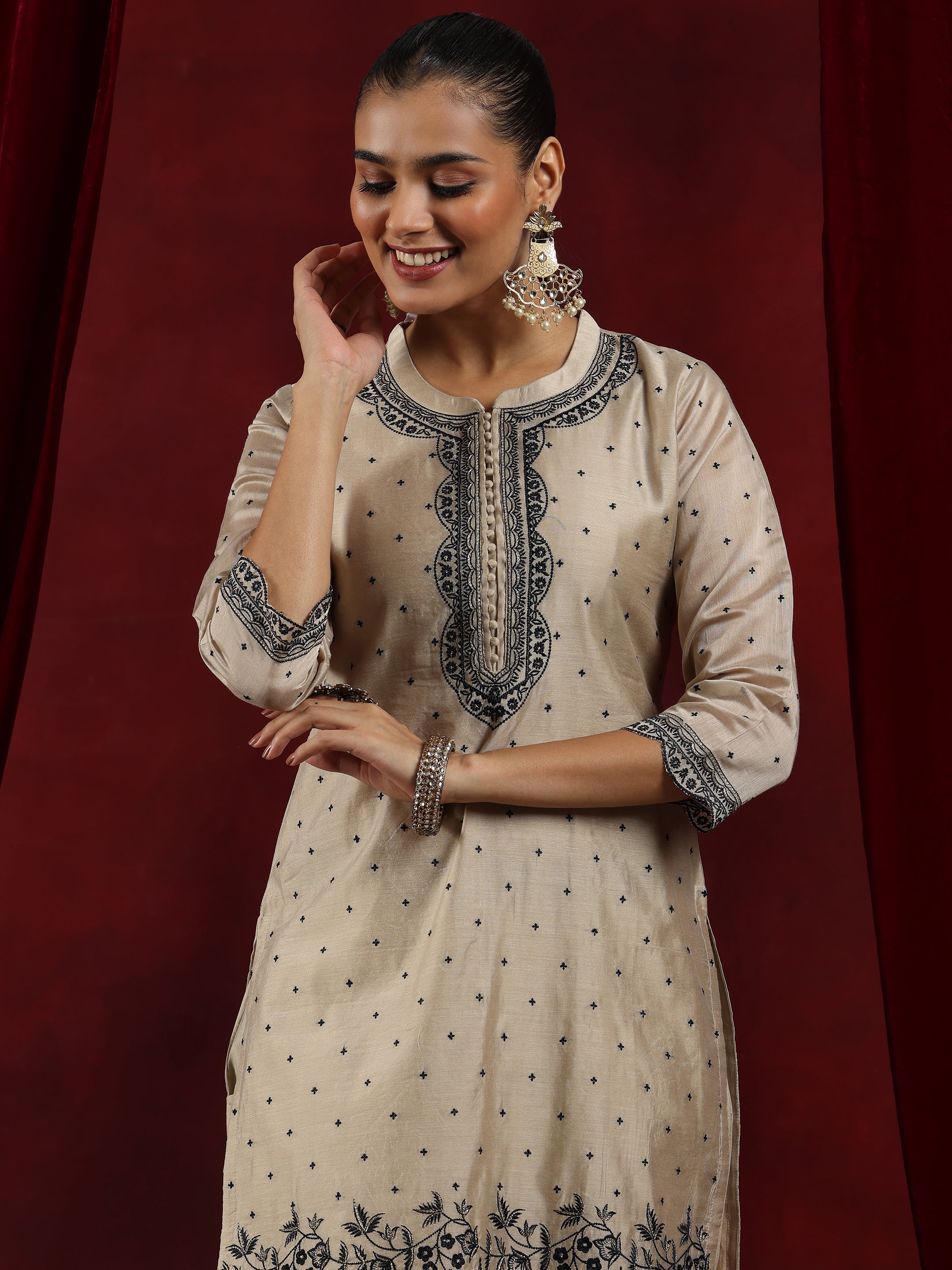 Libas Art Beige Embroidered Chanderi Silk Straight Suit With Dupatta