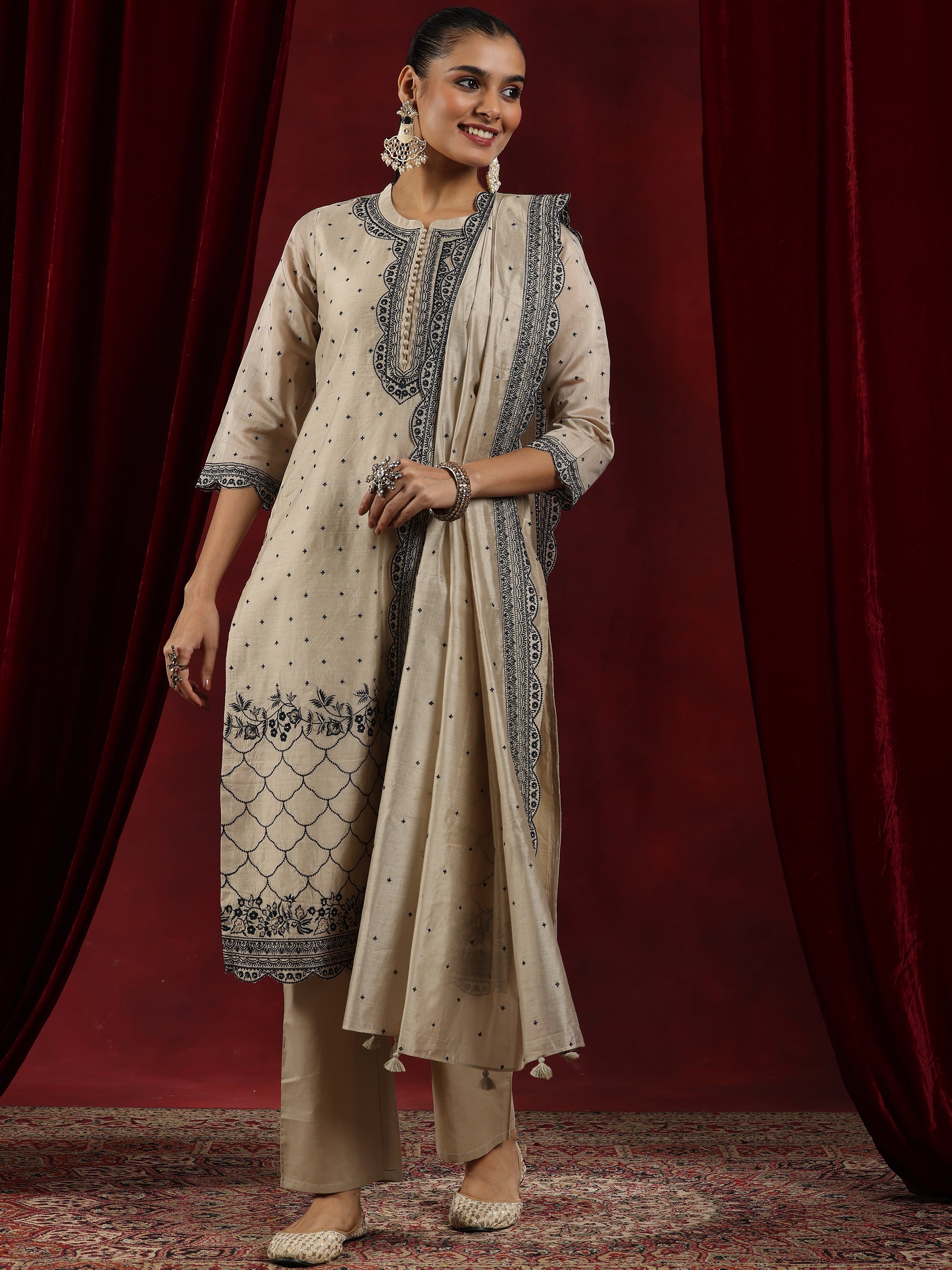 Libas Art Beige Embroidered Chanderi Silk Straight Suit With Dupatta