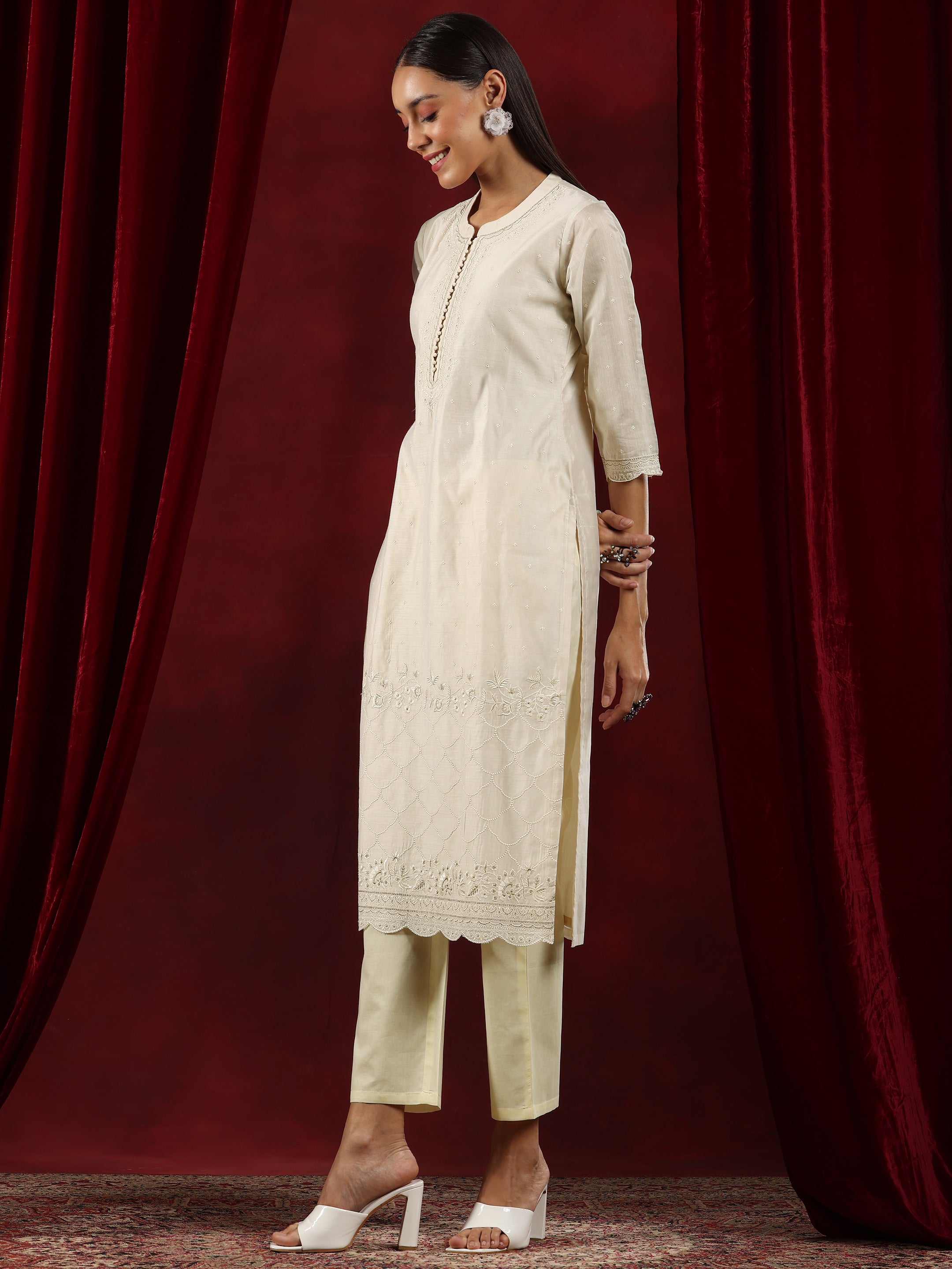 Libas Art Off White Embroidered Chanderi Silk Straight Suit With Dupatta