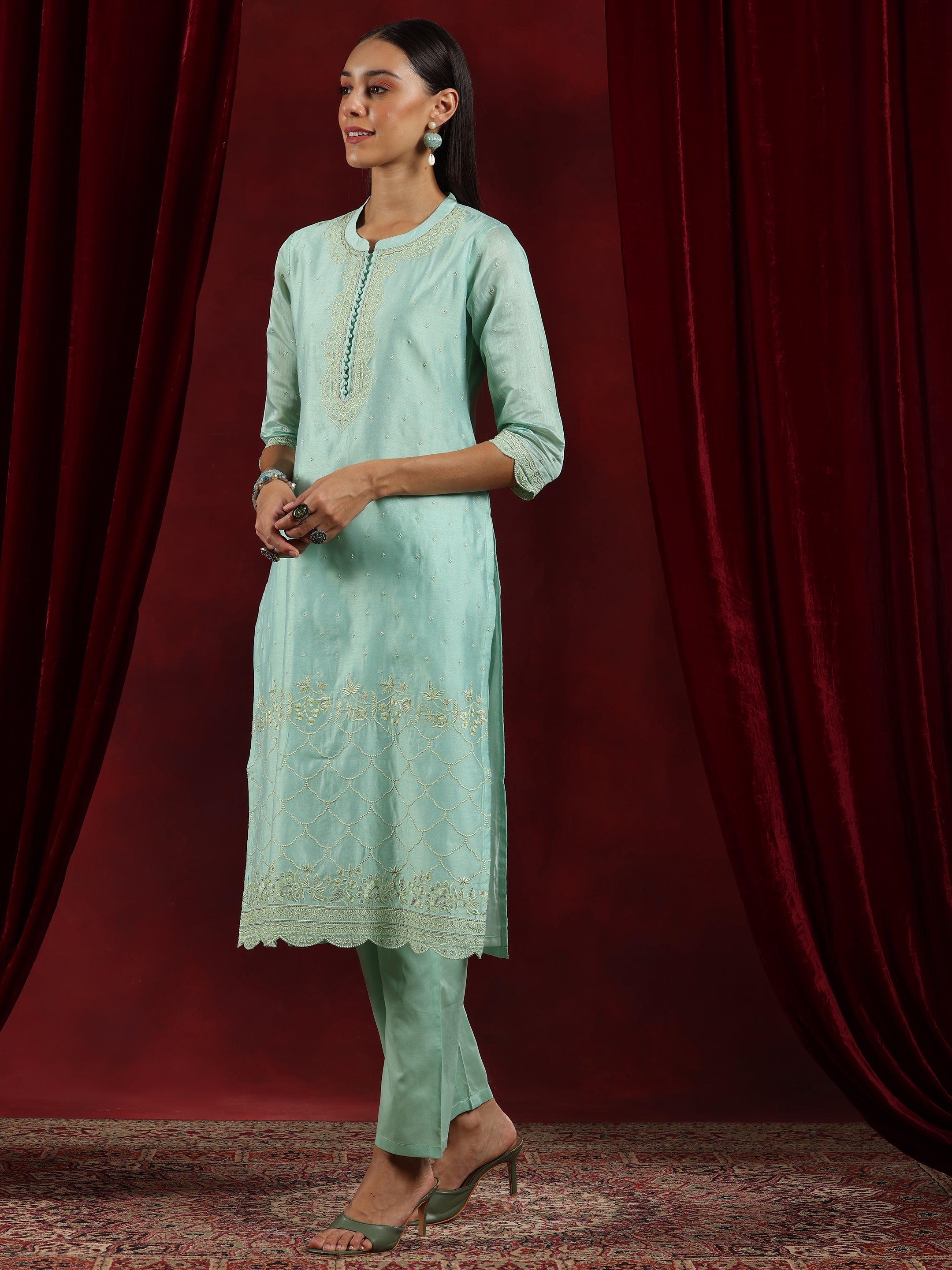 Libas Art Sea Green Embroidered Chanderi Silk Straight Suit With Dupatta