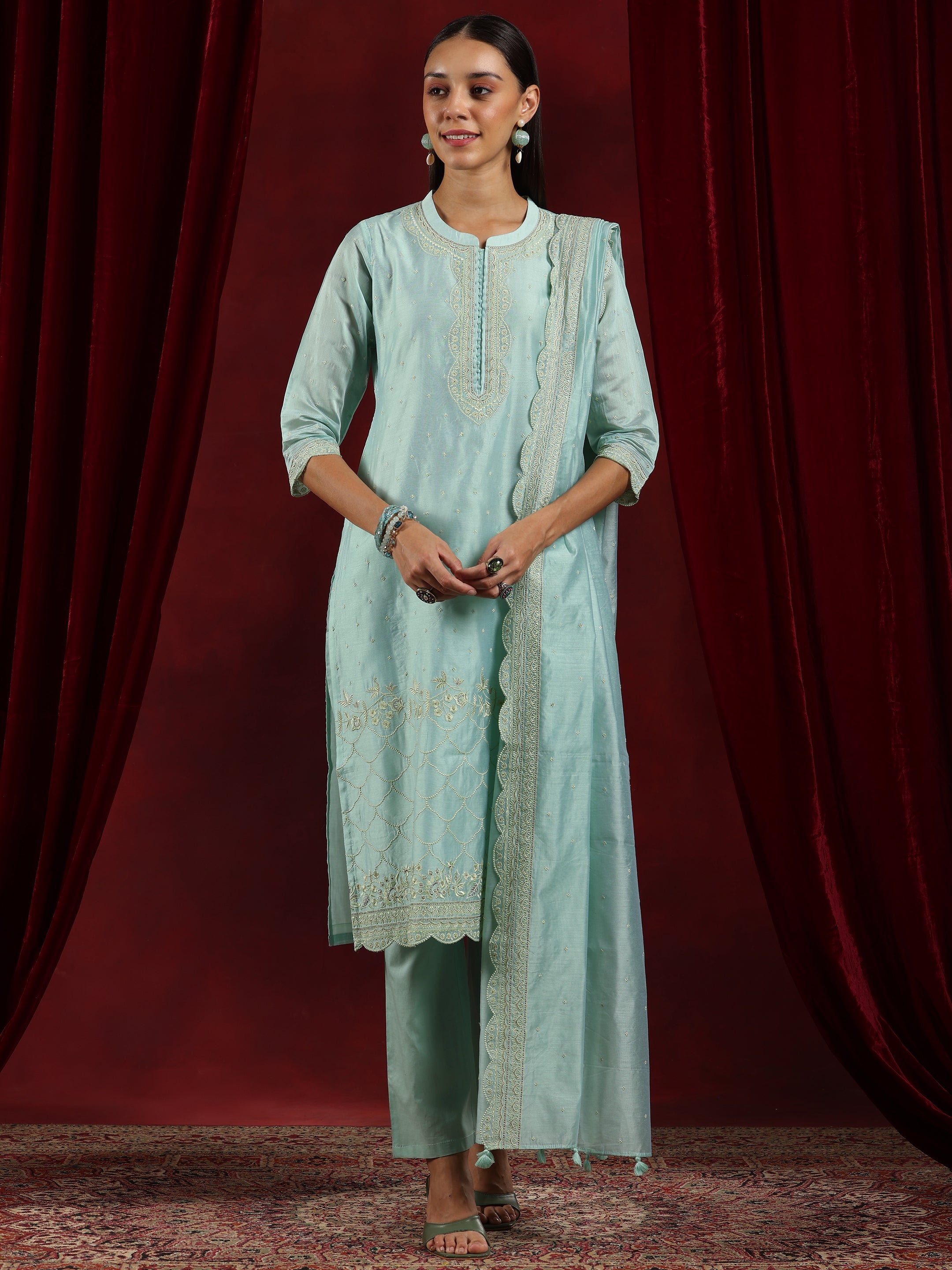 Libas Art Sea Green Embroidered Chanderi Silk Straight Suit With Dupatta