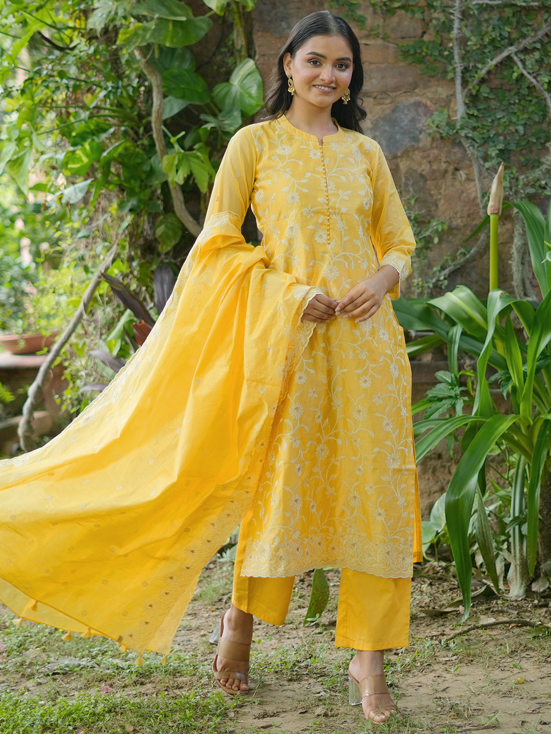 Libas Art Yellow Embroidered Chanderi Silk Straight Suit With Dupatta